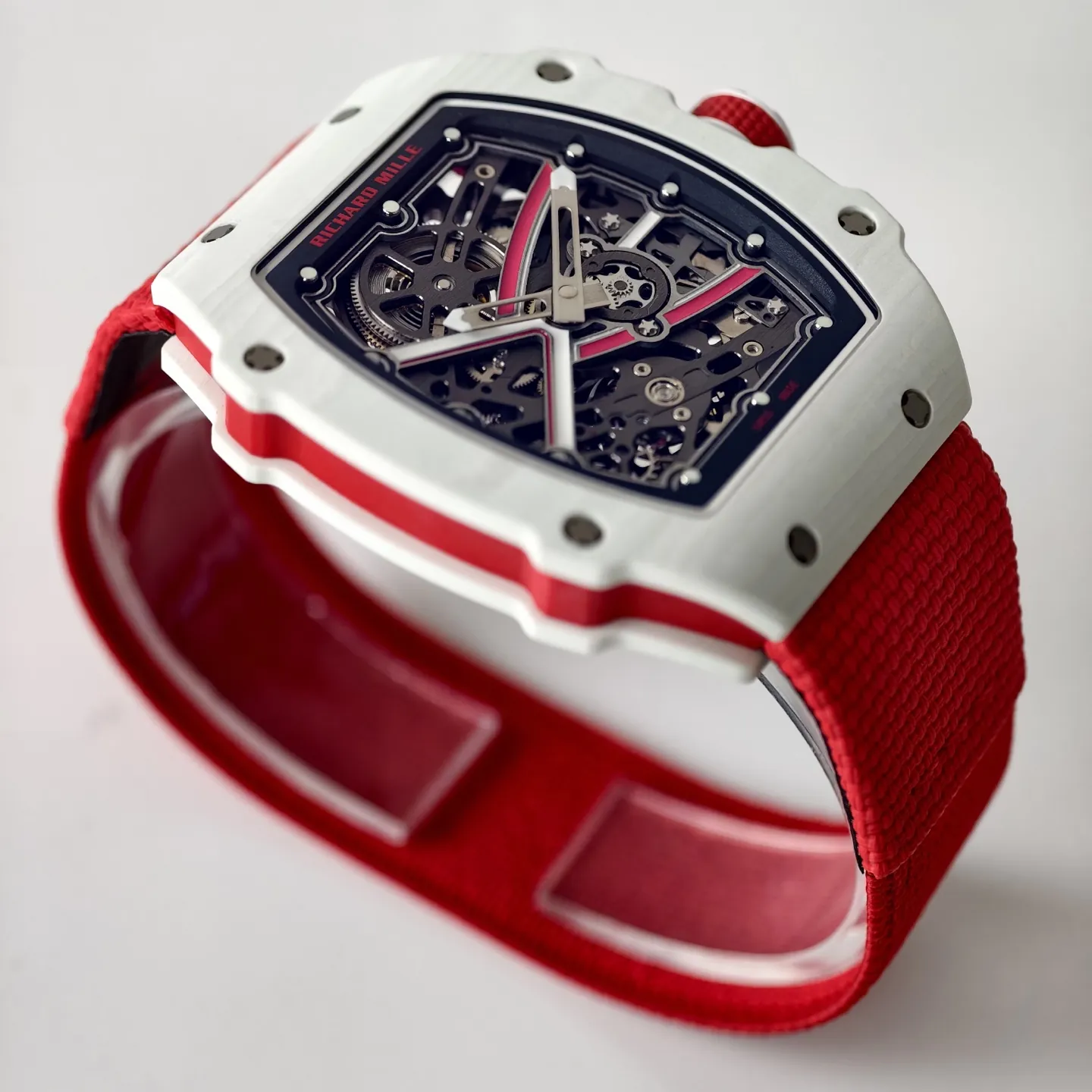 UMI RM 67-02 Charles Leclerc Skeleton Dial White Carbon Red Fabric Strap Replica Watch Side View 1