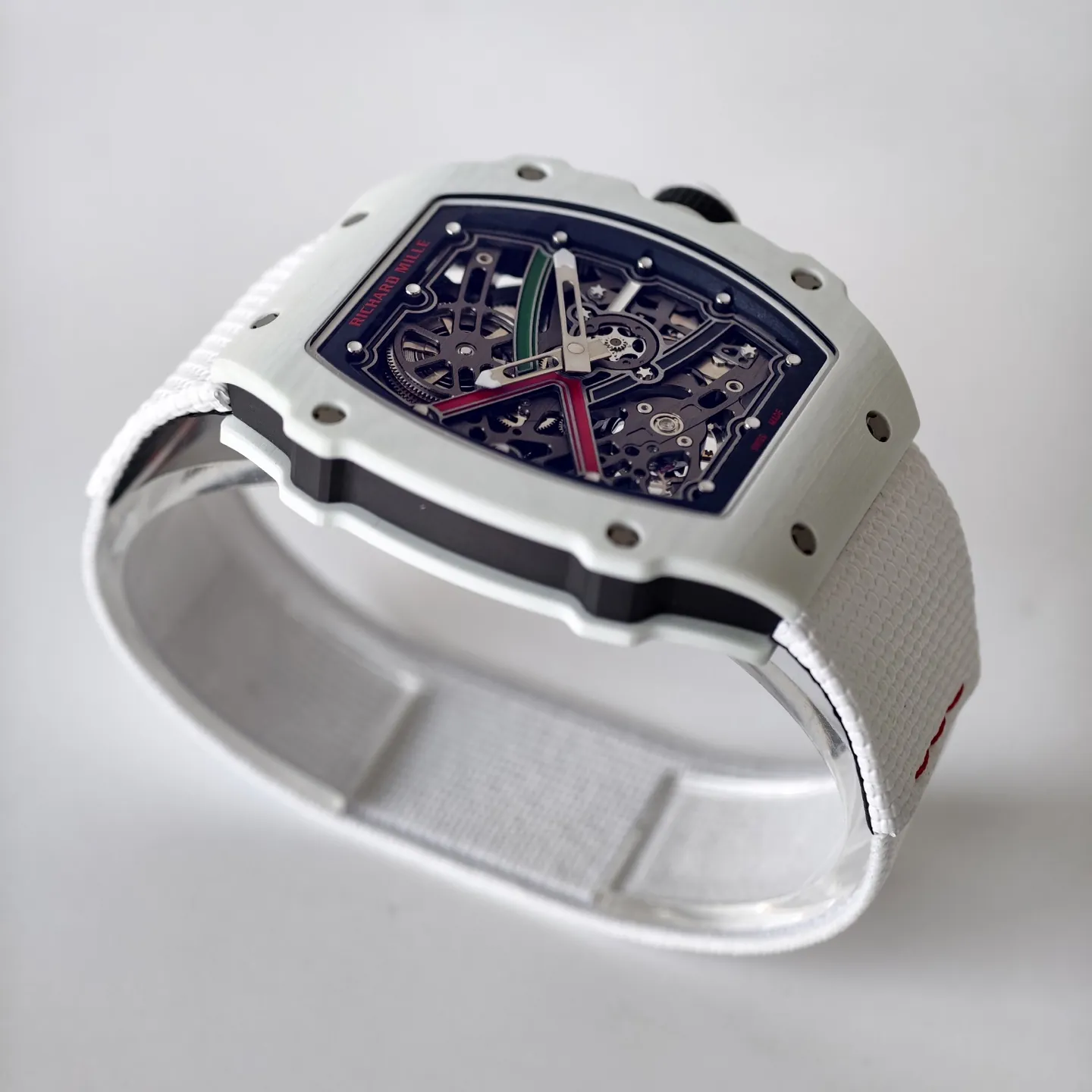 UMI RM 67-02 White Quartz TPT Carbon Case White Fabric Strap Skeleton Replica Watch Side View 1