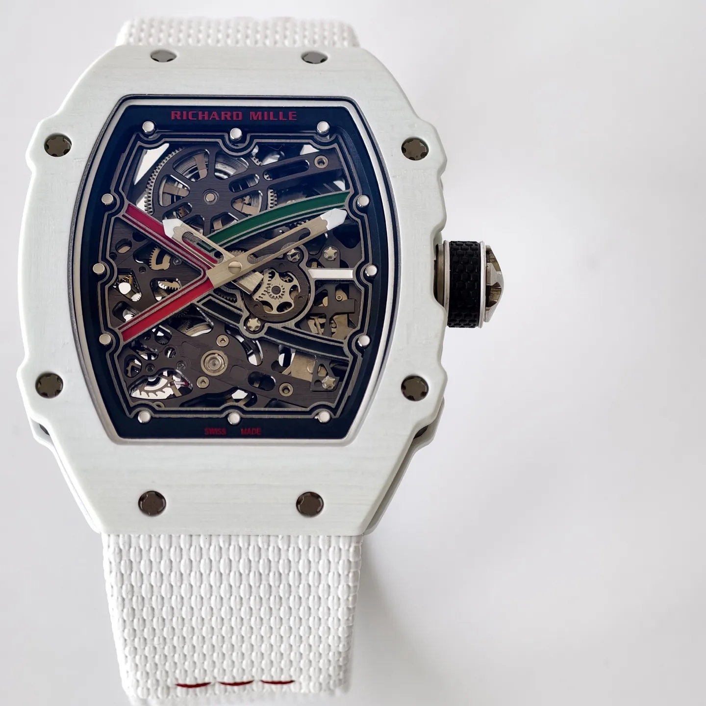 UMI RM 67-02 White Quartz TPT Carbon Case White Fabric Strap Skeleton Replica Watch Dial Detail 1