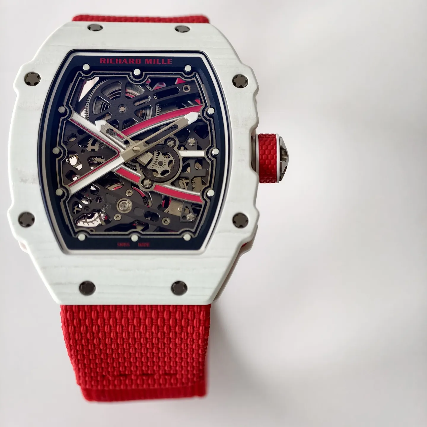 UMI RM 67-02 Charles Leclerc Skeleton Dial White Carbon Red Fabric Strap Replica Watch Dial Detail 1