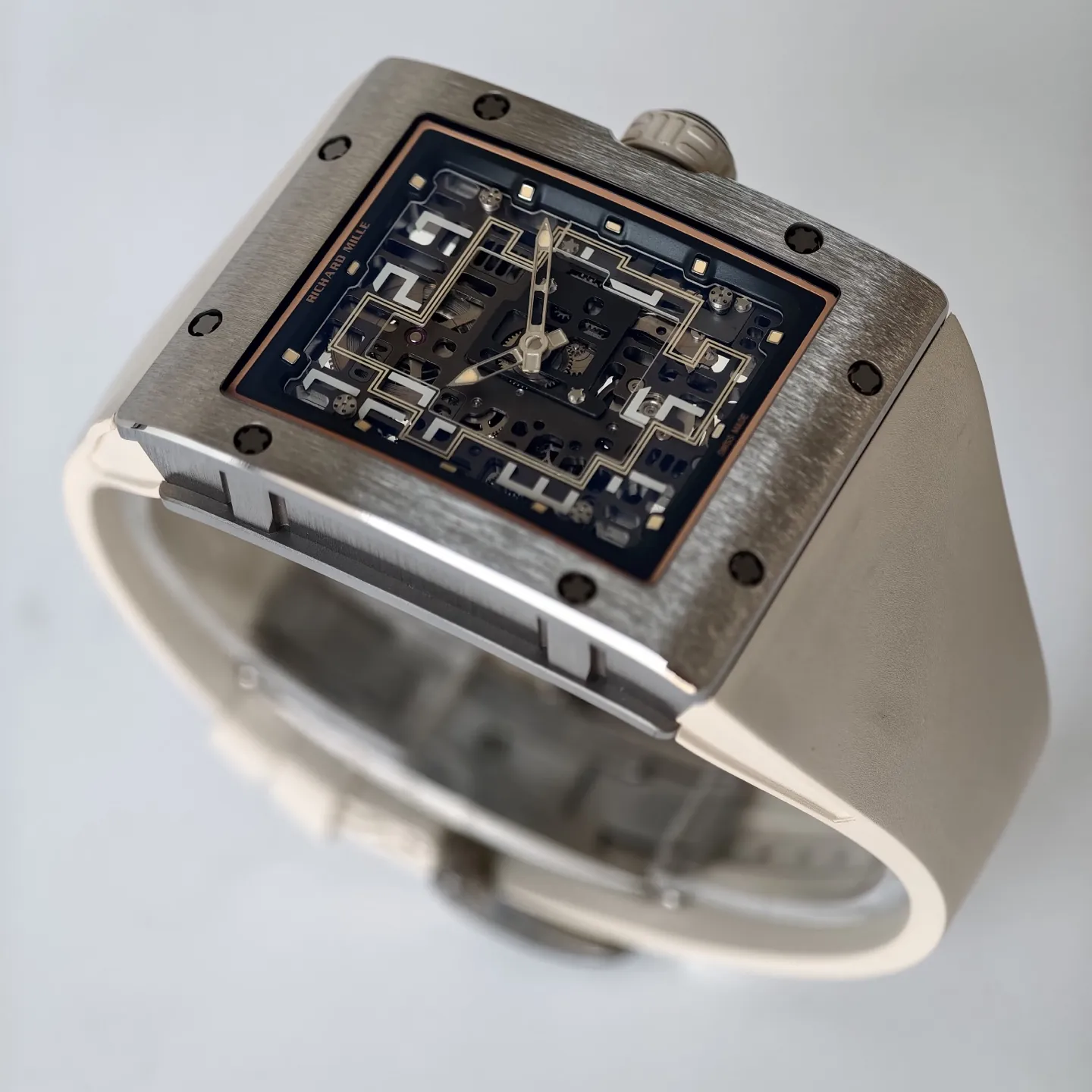 UMI RM 16-02 Extra Flat Brushed Titanium Beige Rubber Strap Replica Watch Side View 1