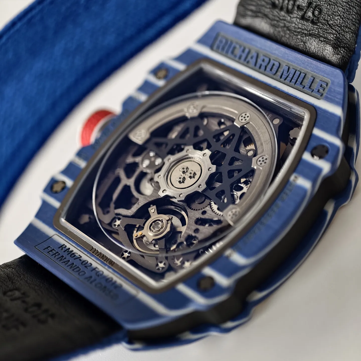UMI RM 67-02 Fernando Alonso Blue Carbon Case Yellow Bezel Blue Fabric Strap Replica Watch Back View