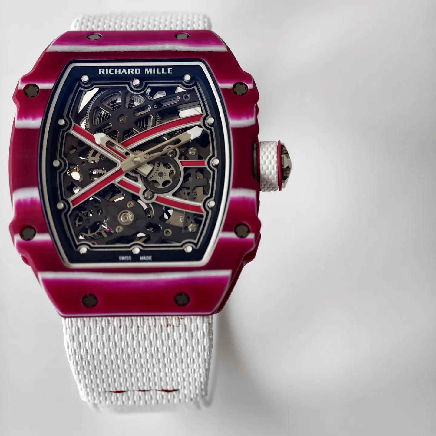 UMI Richard Mille RM 67-02 Mutaz Barshim Burgundy Red & White Quartz TPT Carbon White Strap Replica Watch Dial Detail 1