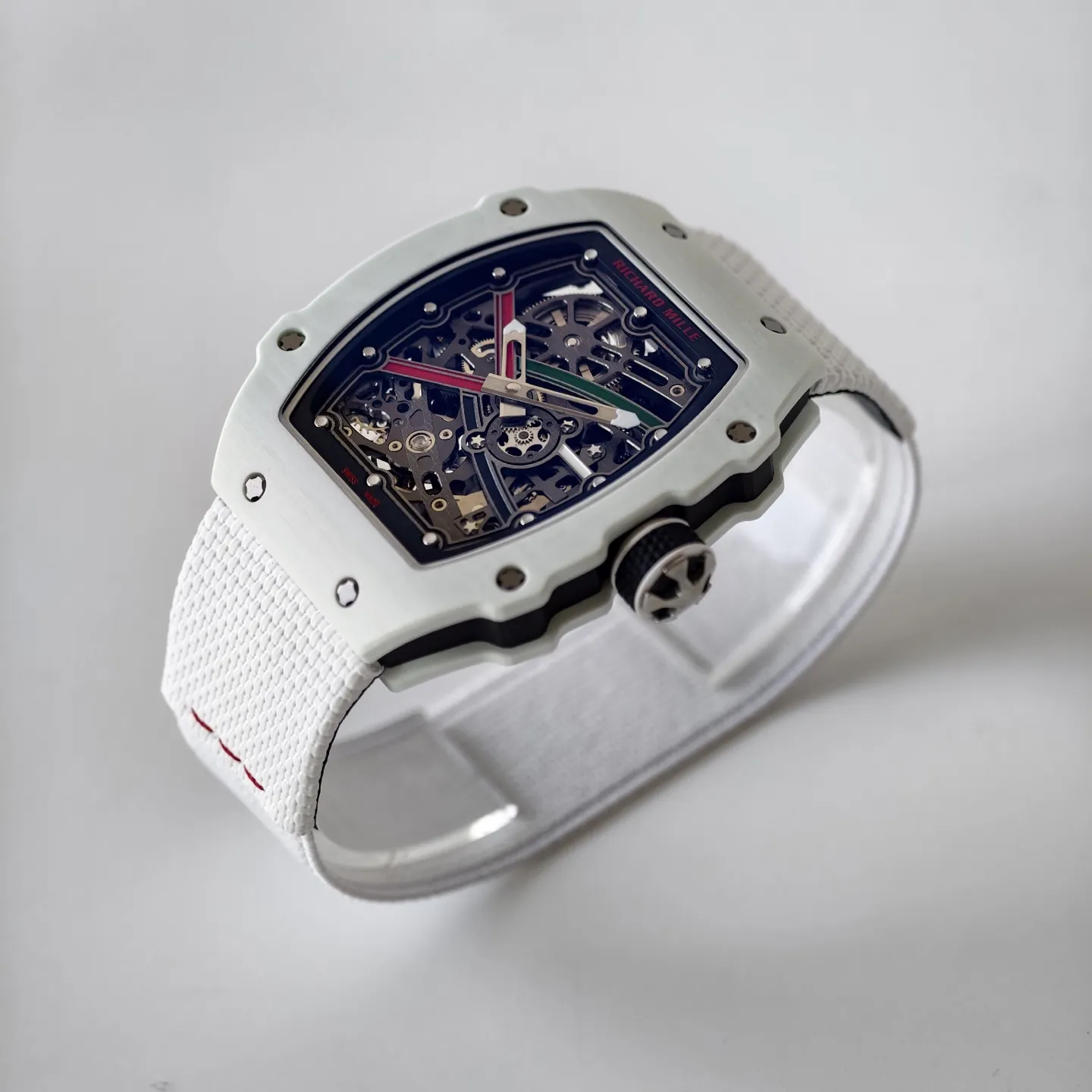 UMI RM 67-02 White Quartz TPT Carbon Case White Fabric Strap Skeleton Replica Watch Side View 2
