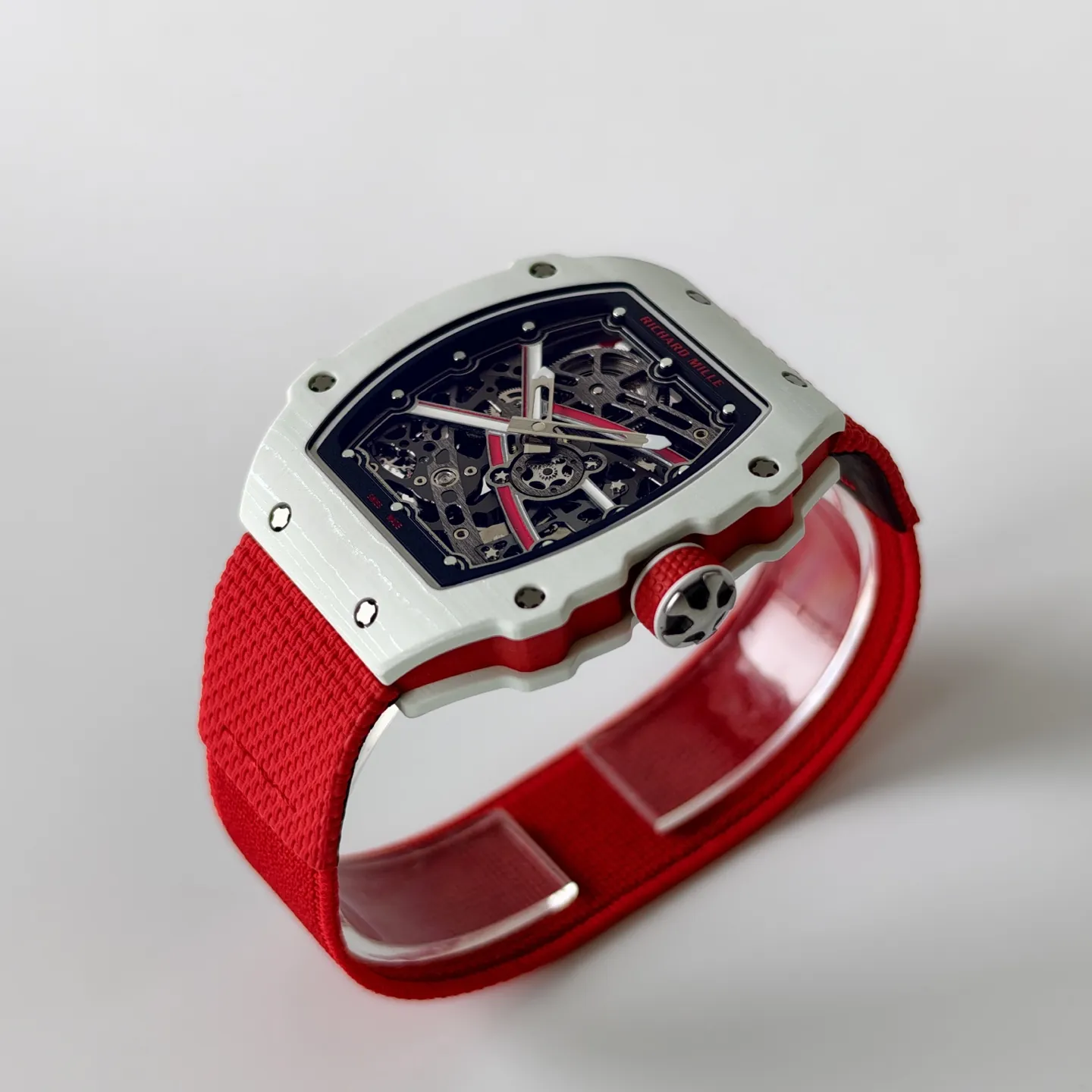 UMI RM 67-02 Charles Leclerc Skeleton Dial White Carbon Red Fabric Strap Replica Watch Side View 2