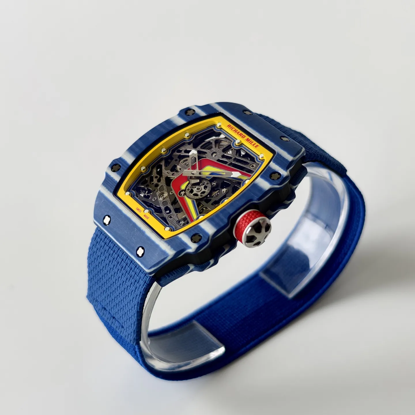 UMI RM 67-02 Fernando Alonso Blue Carbon Case Yellow Bezel Blue Fabric Strap Replica Watch Side View 2