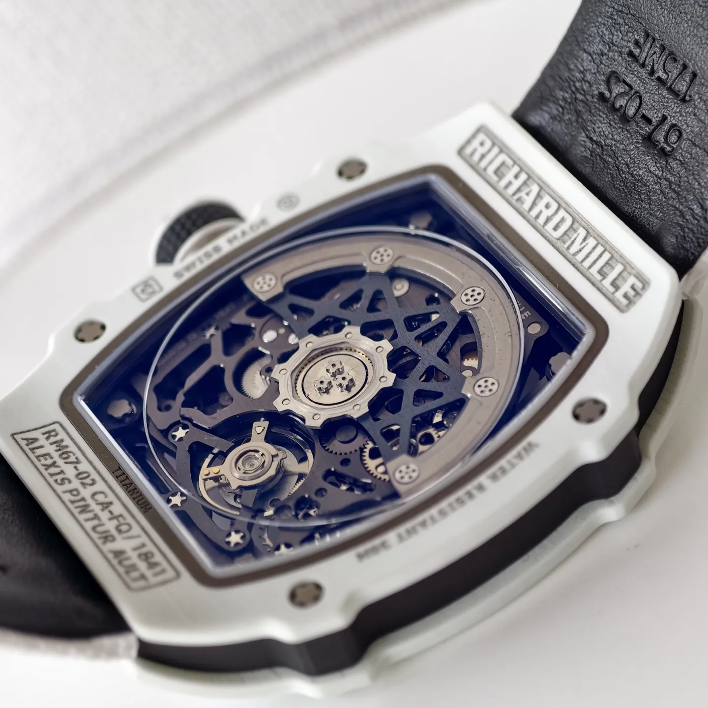 UMI RM 67-02 White Quartz TPT Carbon Case White Fabric Strap Skeleton Replica Watch Back View