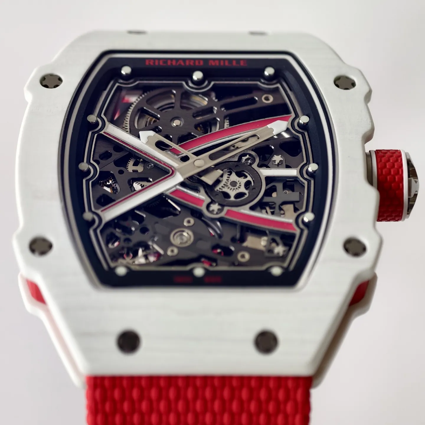 UMI RM 67-02 Charles Leclerc Skeleton Dial White Carbon Red Fabric Strap Replica Watch Dial Detail 2