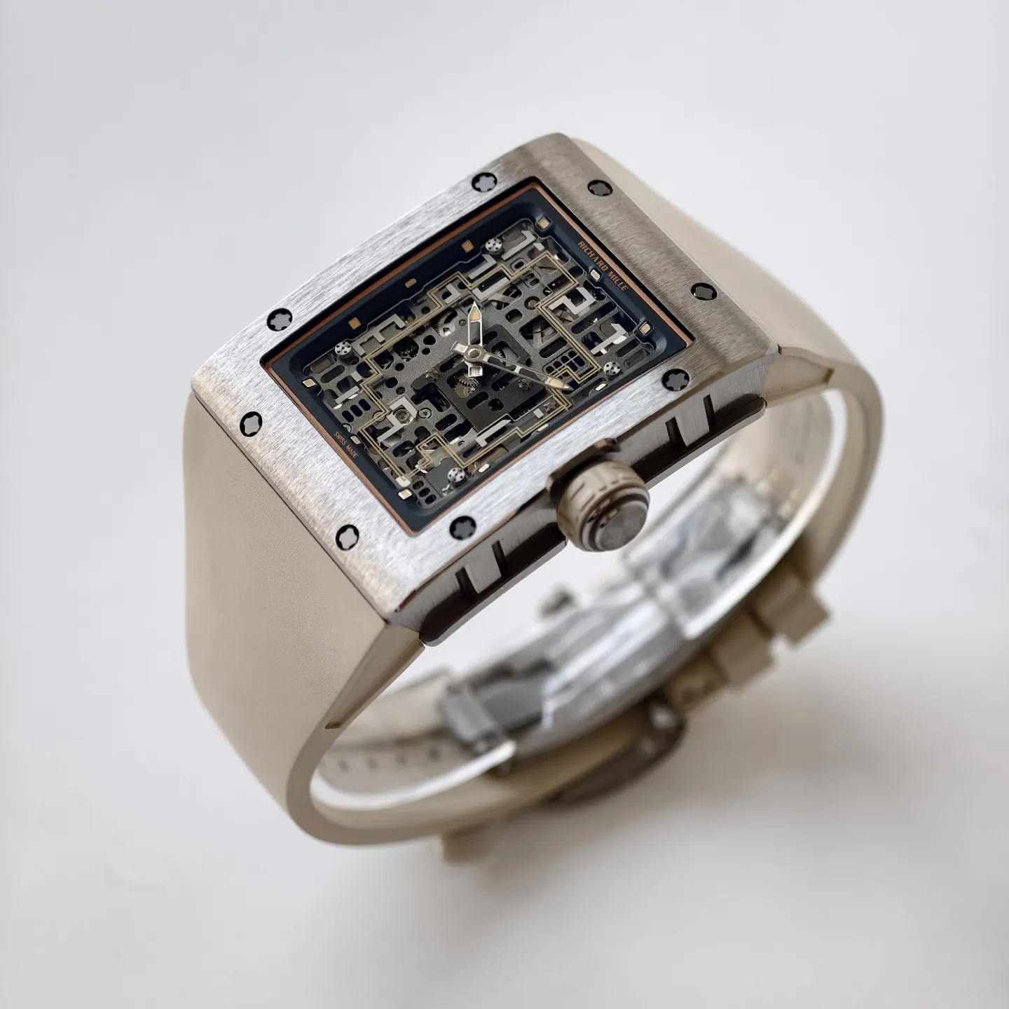 UMI RM 16-02 Extra Flat Brushed Titanium Beige Rubber Strap Replica Watch Side View 2