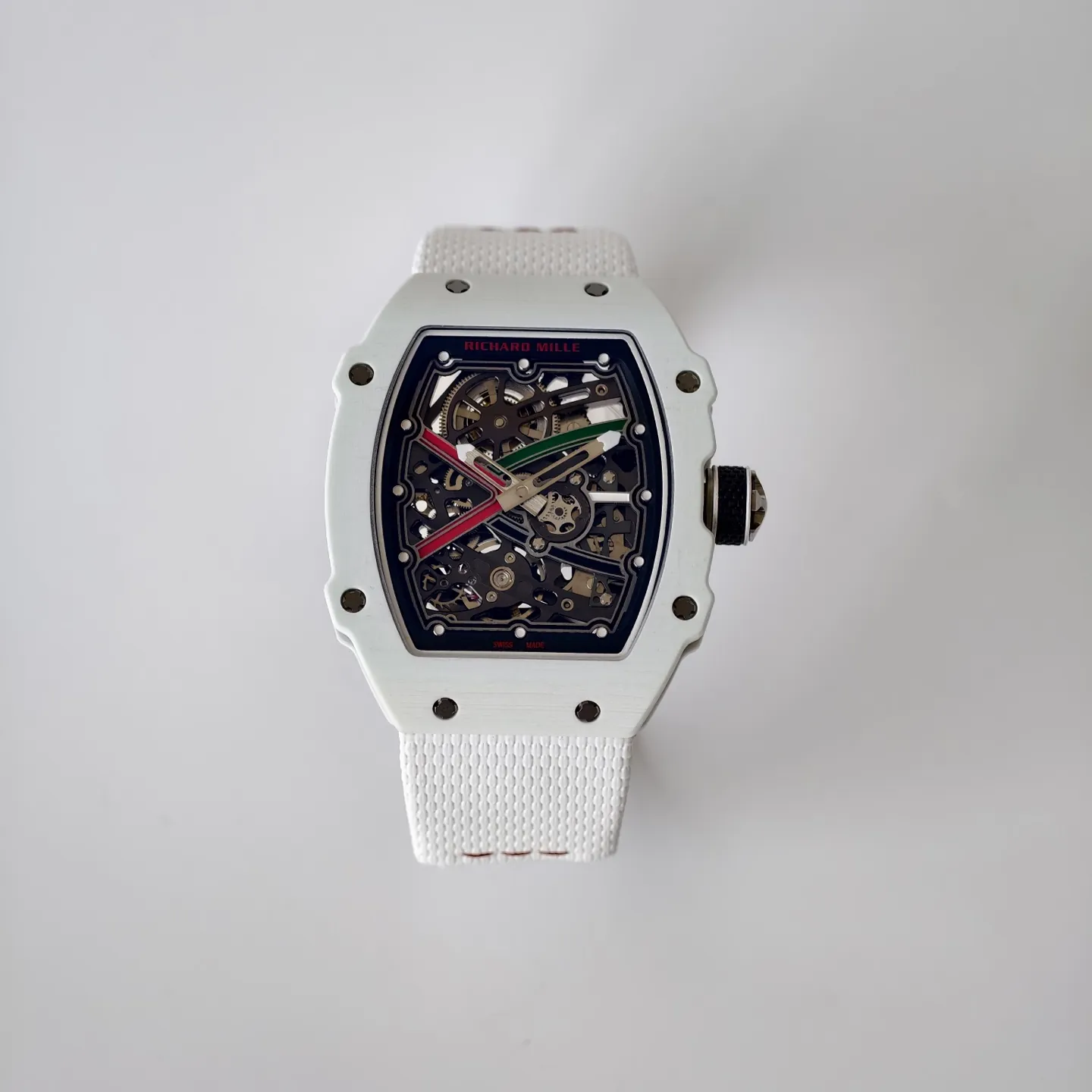 UMI RM 67-02 White Quartz TPT Carbon Case White Fabric Strap Skeleton Replica Watch Front View