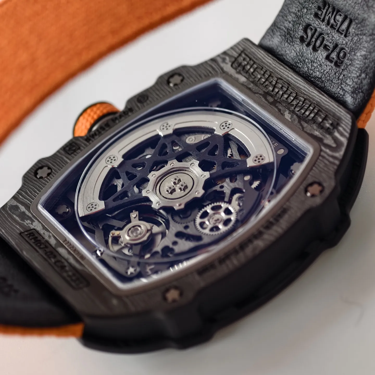 UMI Richard Mille RM 67-02 McLaren Lando Norris Black Carbon TPT Orange Fabric Strap Replica Watch Back View