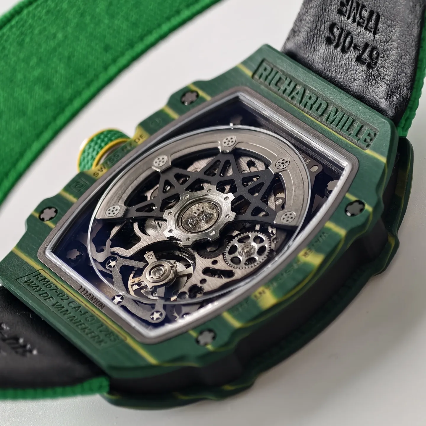 UMI RM 67-02 Van Niekerk Green Carbon Yellow Bezel Green Fabric Strap Replica Watch Back View