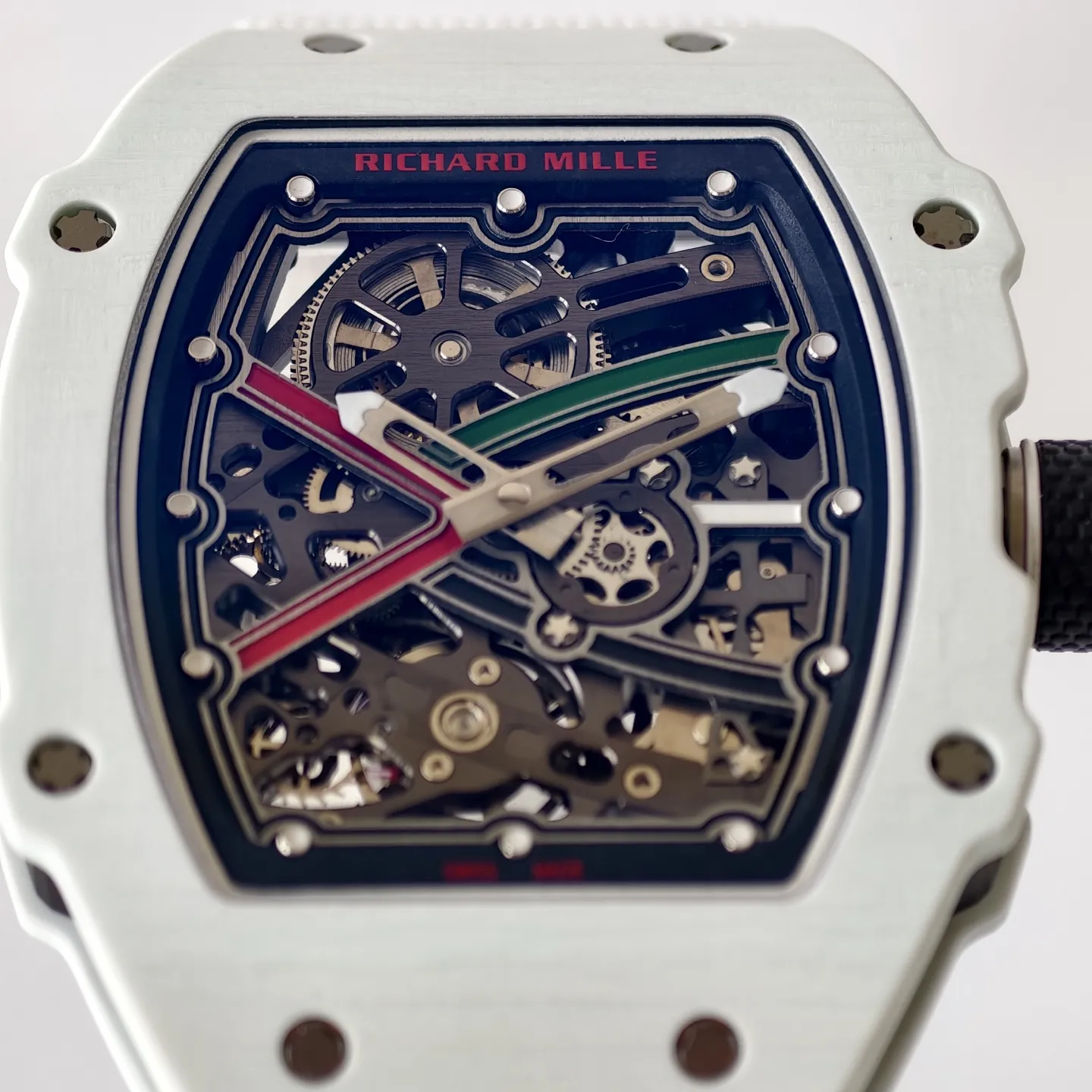 UMI RM 67-02 White Quartz TPT Carbon Case White Fabric Strap Skeleton Replica Watch Dial Detail 2
