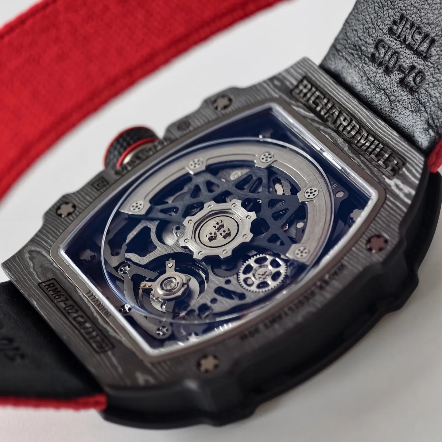UMI Richard Mille RM 67-02 Extra Flat Italy Carbon TPT Skeleton Red Fabric Strap Replica Watch Back View