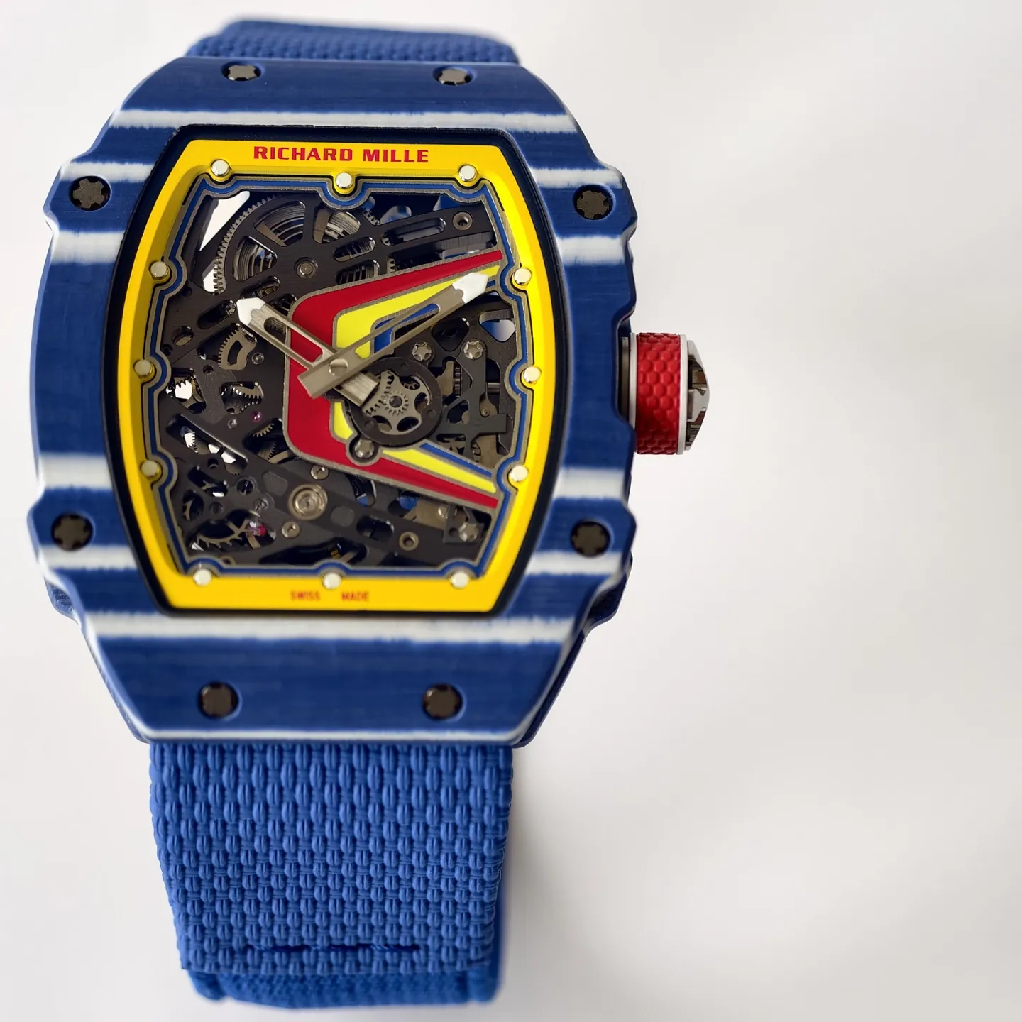 UMI RM 67-02 Fernando Alonso Blue Carbon Case Yellow Bezel Blue Fabric Strap Replica Watch Dial Detail 1