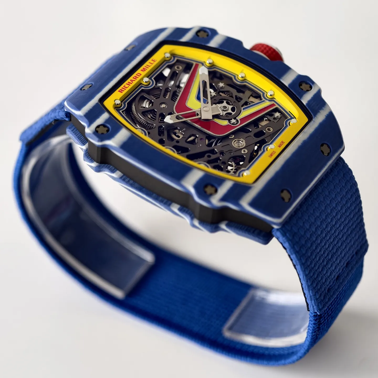 UMI RM 67-02 Fernando Alonso Blue Carbon Case Yellow Bezel Blue Fabric Strap Replica Watch Side View 1