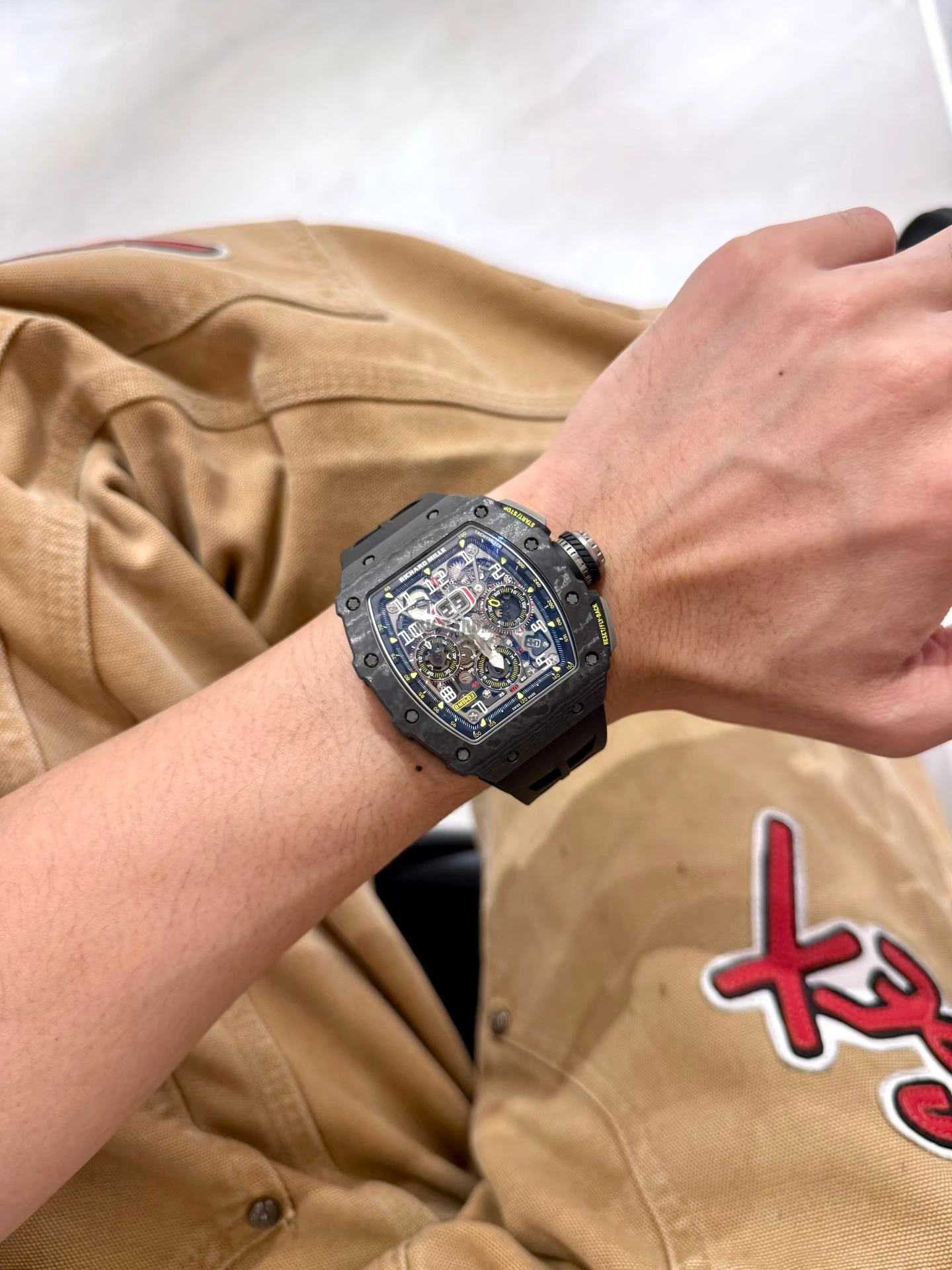 Super Clone RM11-03 Black Magic Richard Mille NTPT Carbon Fiber Full Skeleton RMAC3 - Wearing Effect