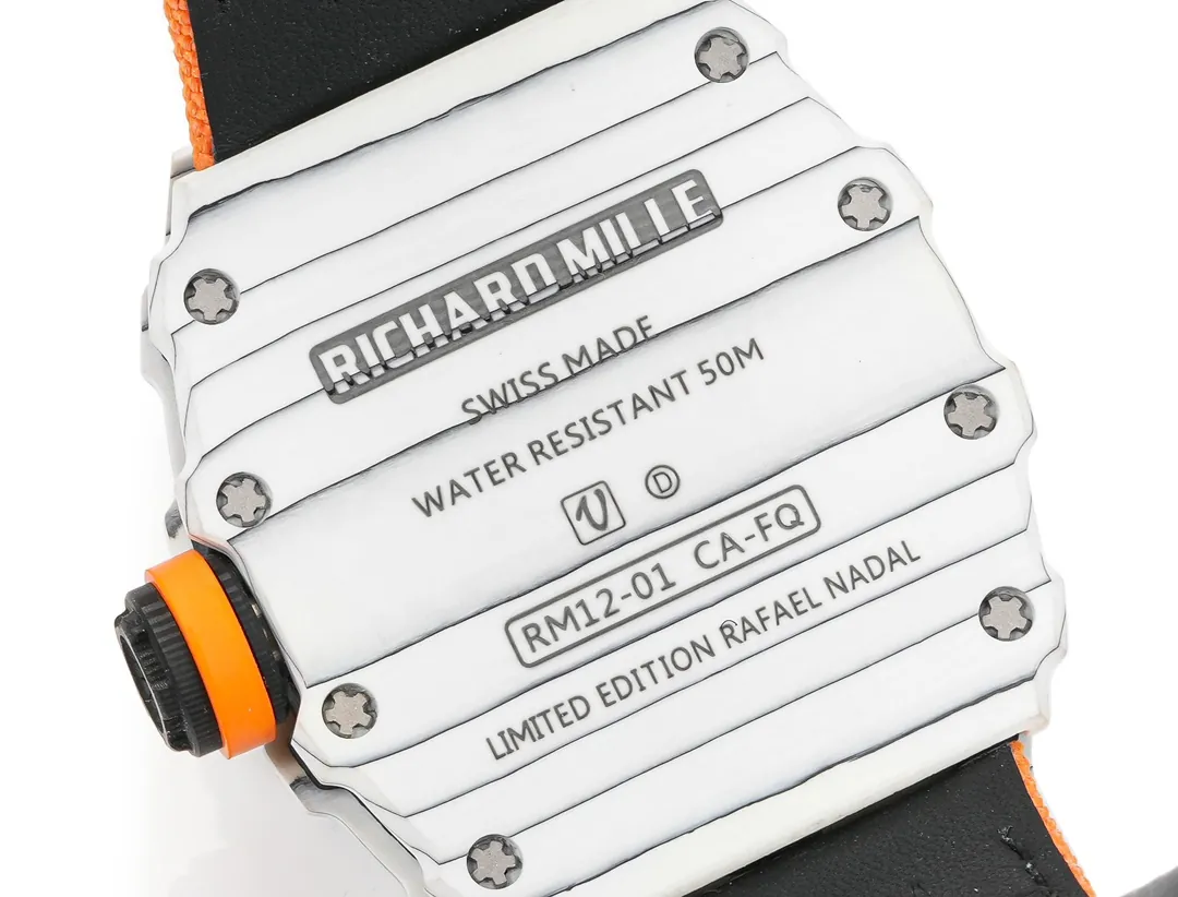 Richard Mille RM 12-01 Tourbillon Super Clone - White Carbon Fiber Orange Strap - Back View