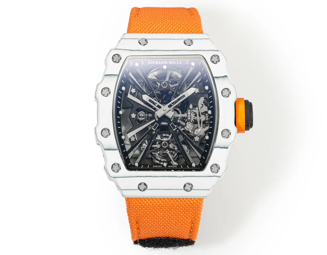 Richard Mille RM 12-01 Tourbillon Super Clone - White Carbon Fiber Orange Strap - Front View