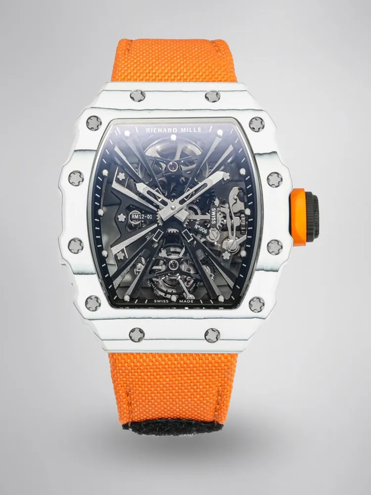 Richard Mille RM 12-01 Tourbillon Super Clone - White Carbon Fiber Orange Strap - Main Image