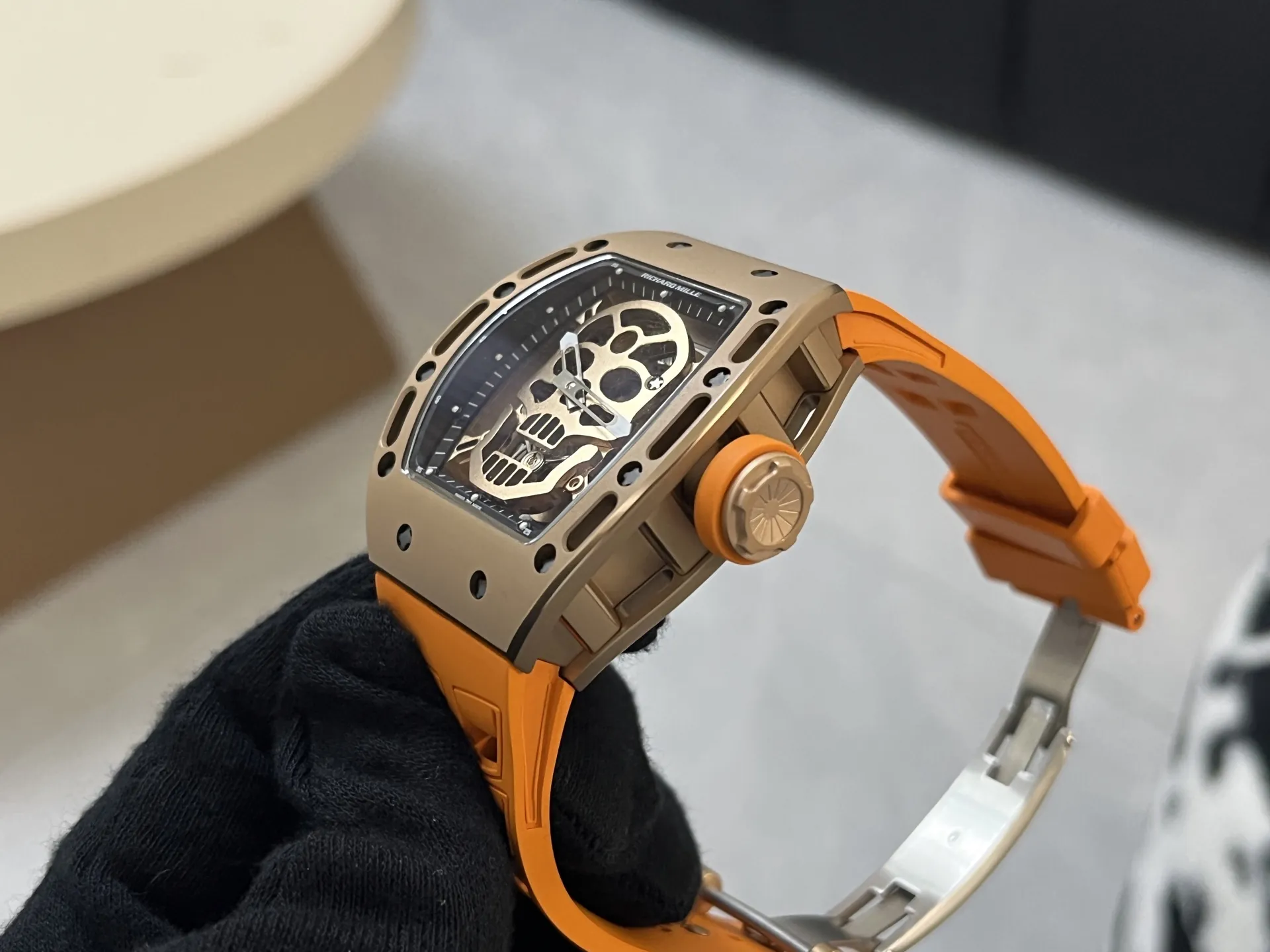 Richard Mille RM 052 Upgraded Tourbillon Movement Skull Rose Gold Super Clone - Orange Rubber Strap - Right Side