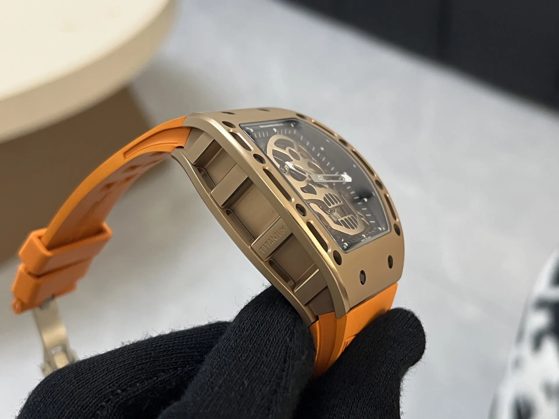 Richard Mille RM 052 Upgraded Tourbillon Movement Skull Rose Gold Super Clone - Orange Rubber Strap - Left Side