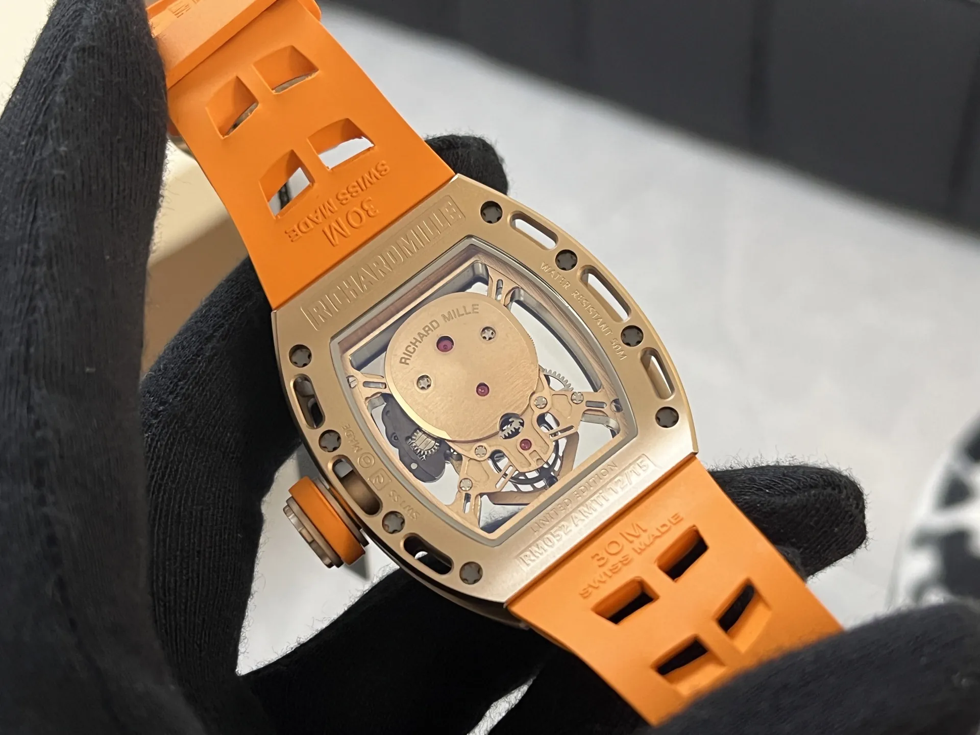 Richard Mille RM 052 Upgraded Tourbillon Movement Skull Rose Gold Super Clone - Orange Rubber Strap - Back View