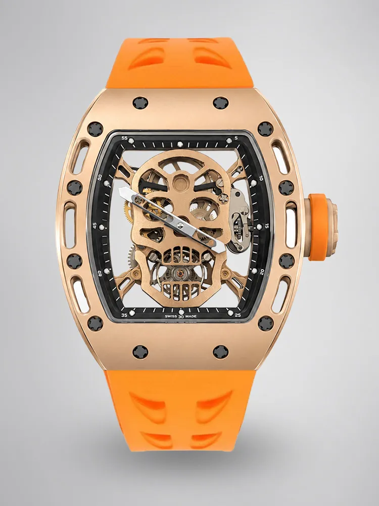 Richard Mille RM 052 Upgraded Tourbillon Movement Skull Rose Gold Super Clone - Orange Rubber Strap - Main Image