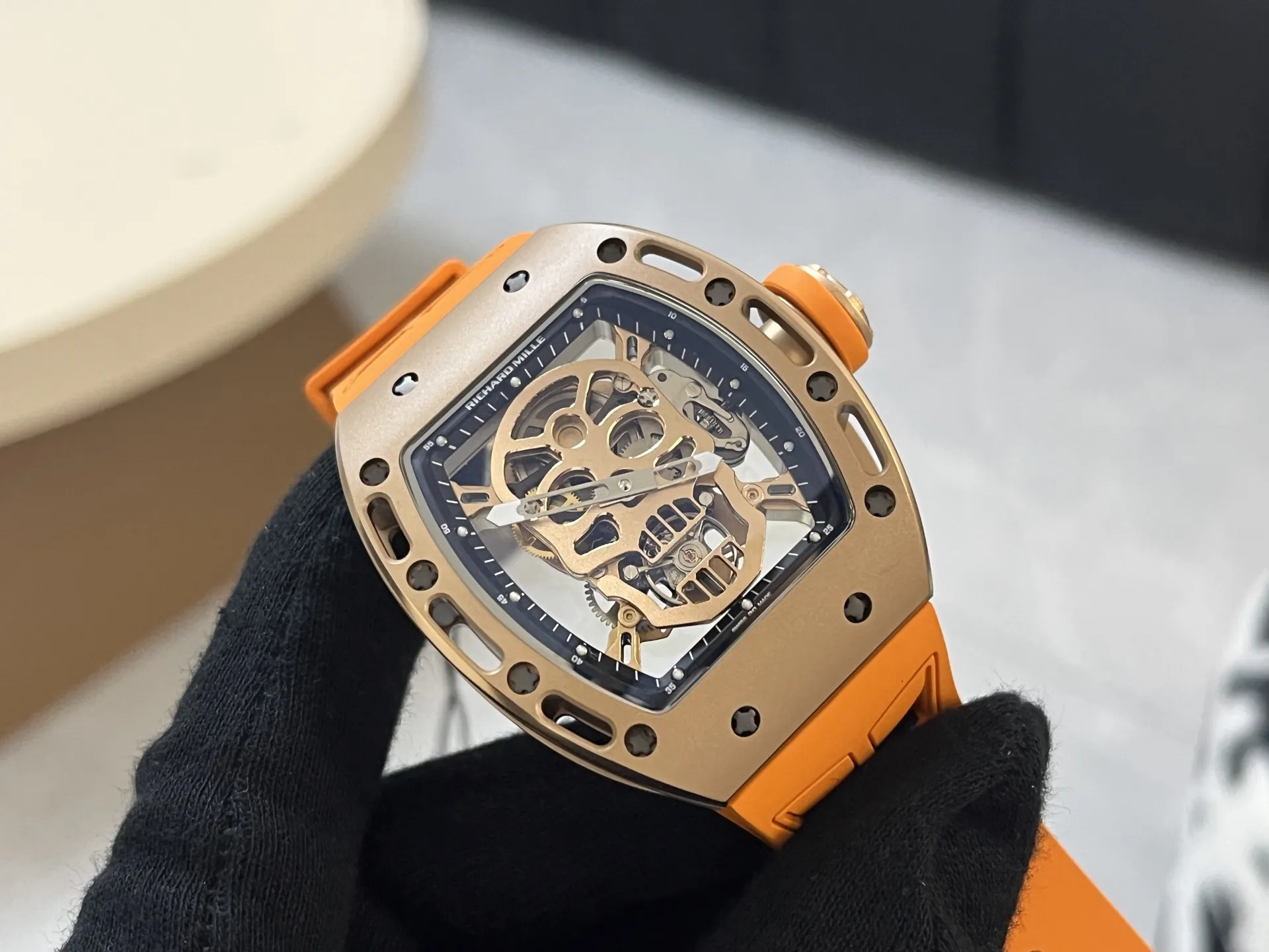 Richard Mille RM 052 Upgraded Tourbillon Movement Skull Rose Gold Super Clone - Orange Rubber Strap - Dial Detail 3