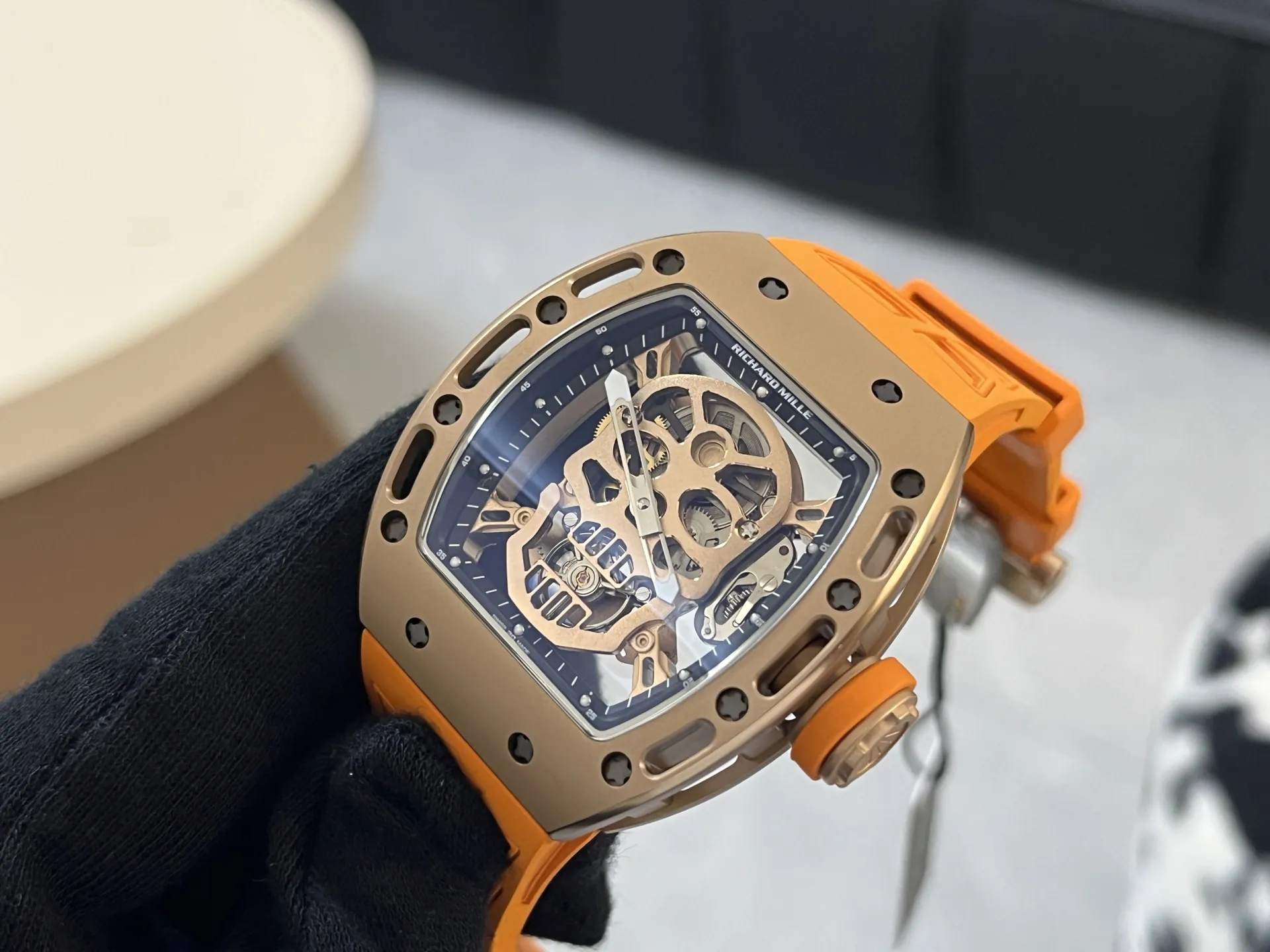Richard Mille RM 052 Upgraded Tourbillon Movement Skull Rose Gold Super Clone - Orange Rubber Strap - Dial Detail 2