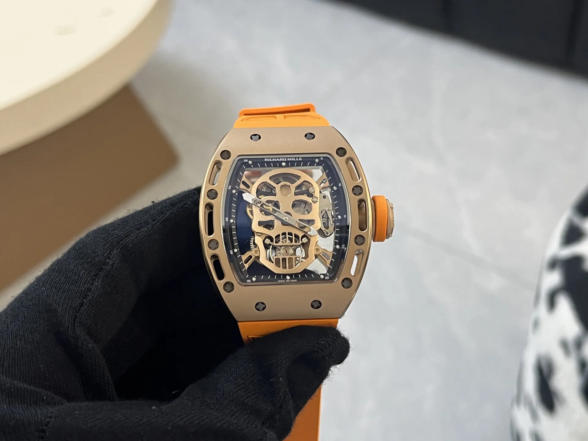 Richard Mille RM 052 Upgraded Tourbillon Movement Skull Rose Gold Super Clone - Orange Rubber Strap - Dial Detail 1