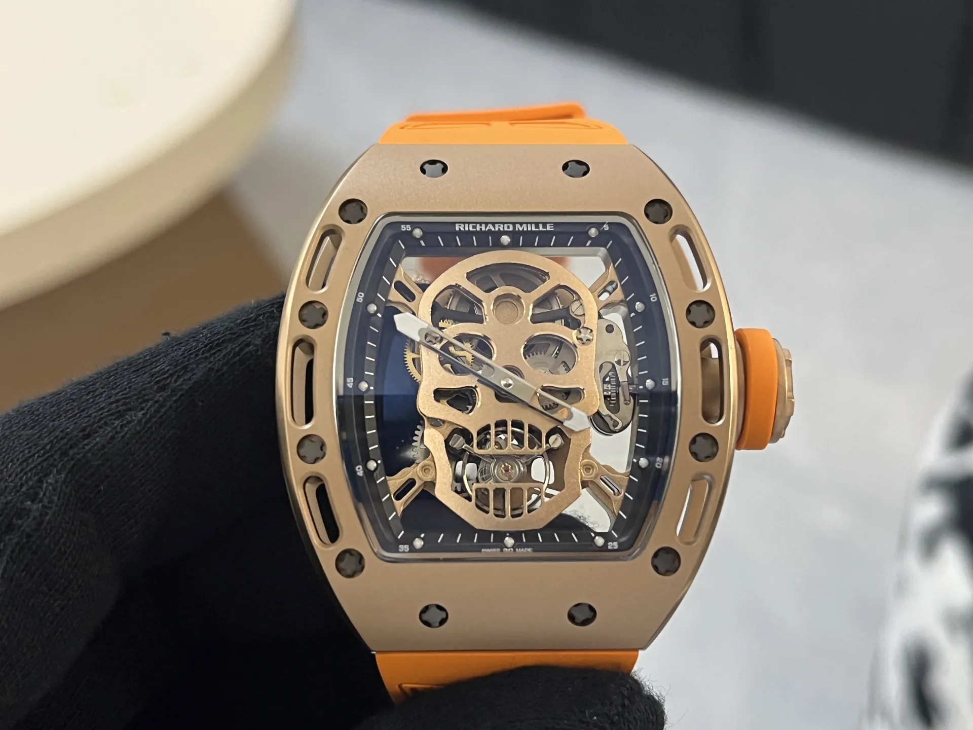 Richard Mille RM 052 Upgraded Tourbillon Movement Skull Rose Gold Super Clone - Orange Rubber Strap - Front View