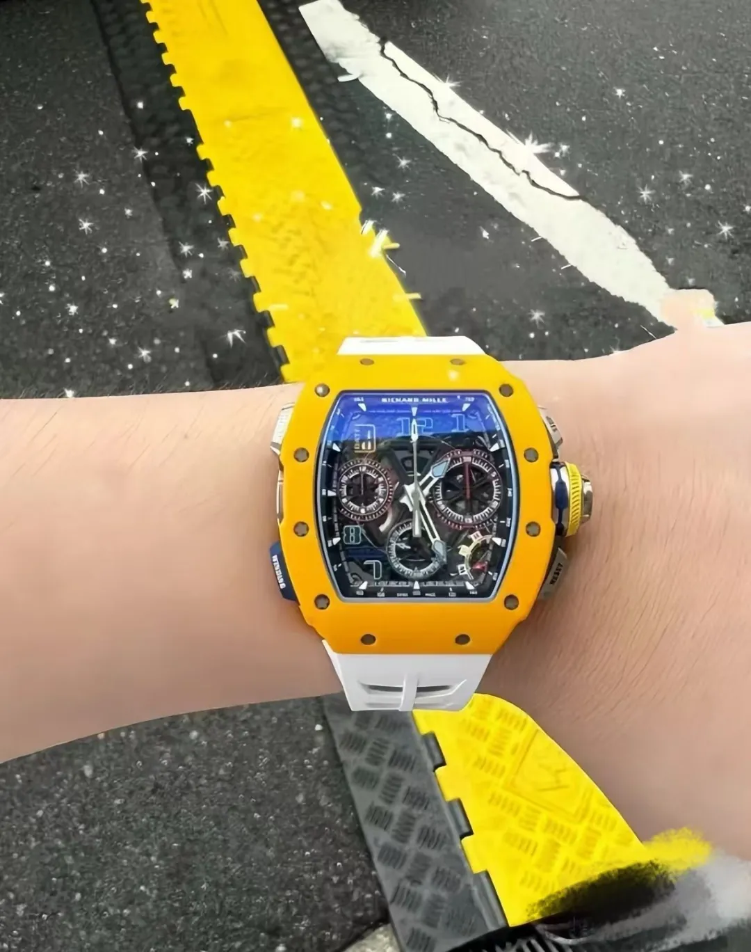 Replica Richard Mille RM 65-01 McLaren W1 Yellow Automatic Skeleton Watch - On the Wrist