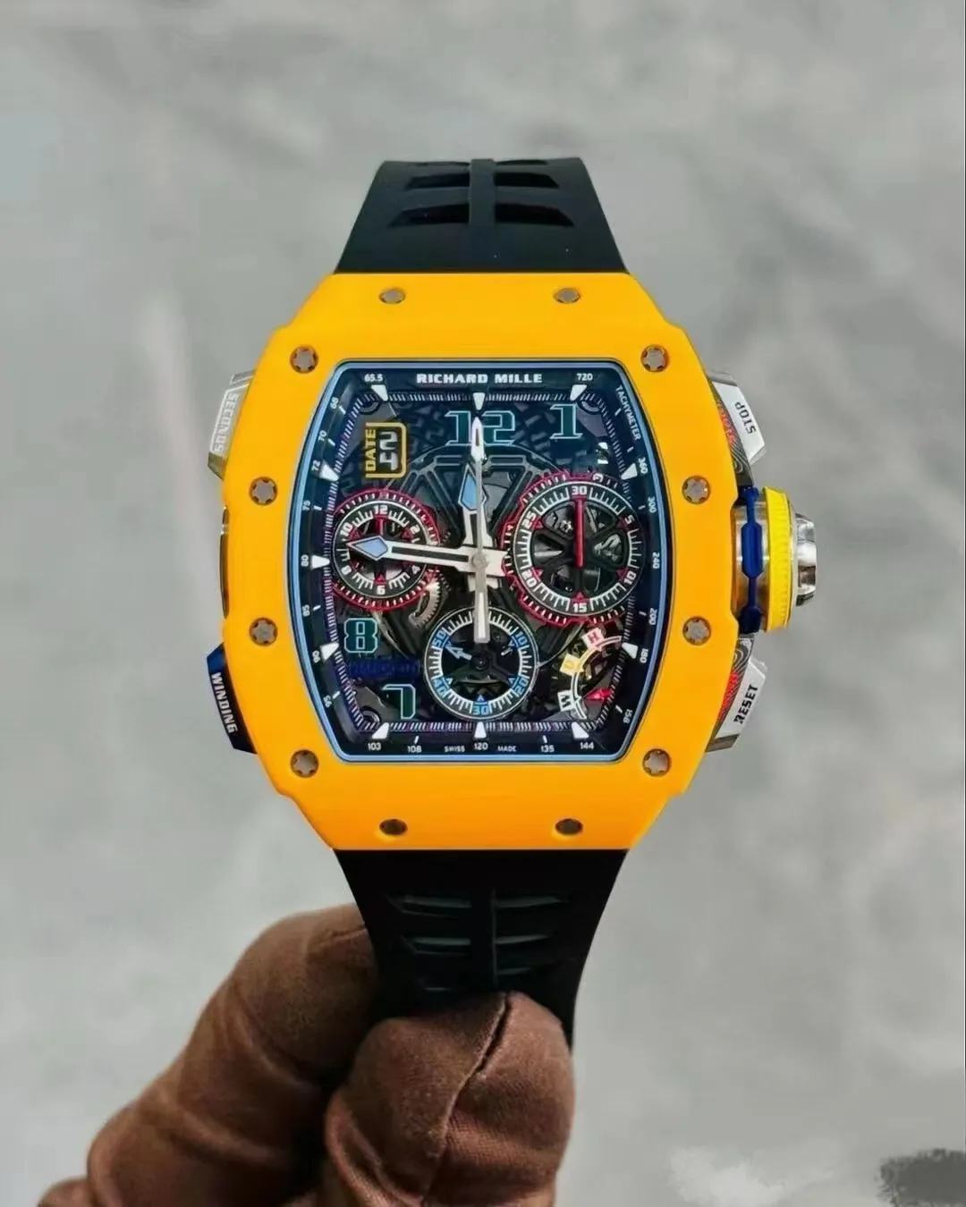 Replica Richard Mille RM 65-01 McLaren W1 Yellow Automatic Skeleton Watch - Front View