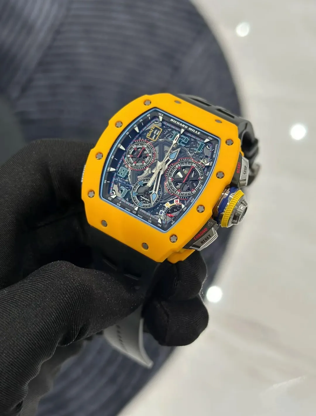 Replica Richard Mille RM 65-01 McLaren W1 Yellow Automatic Skeleton Watch - Side View