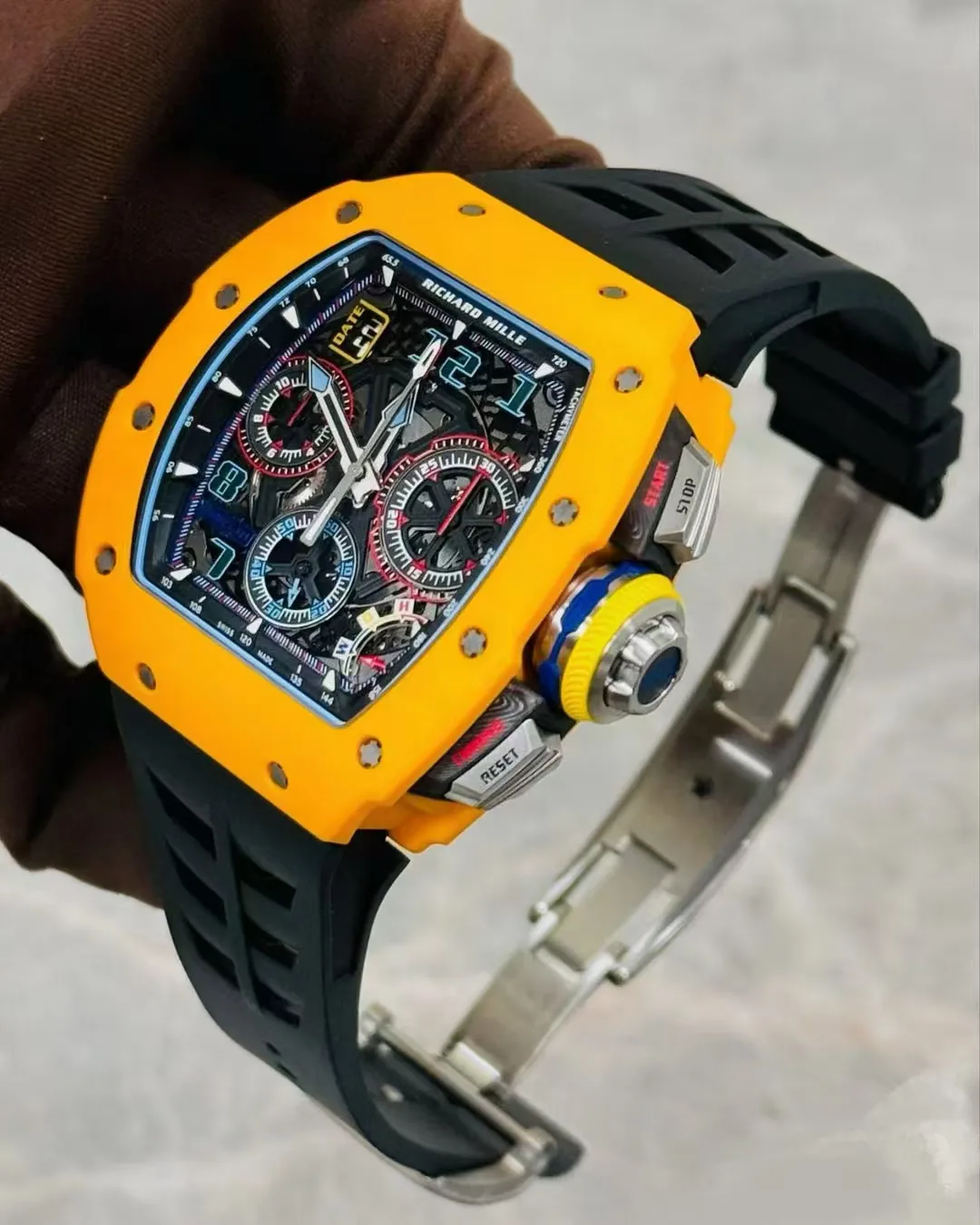 Replica Richard Mille RM 65-01 McLaren W1 Yellow Automatic Skeleton Watch - Left Side