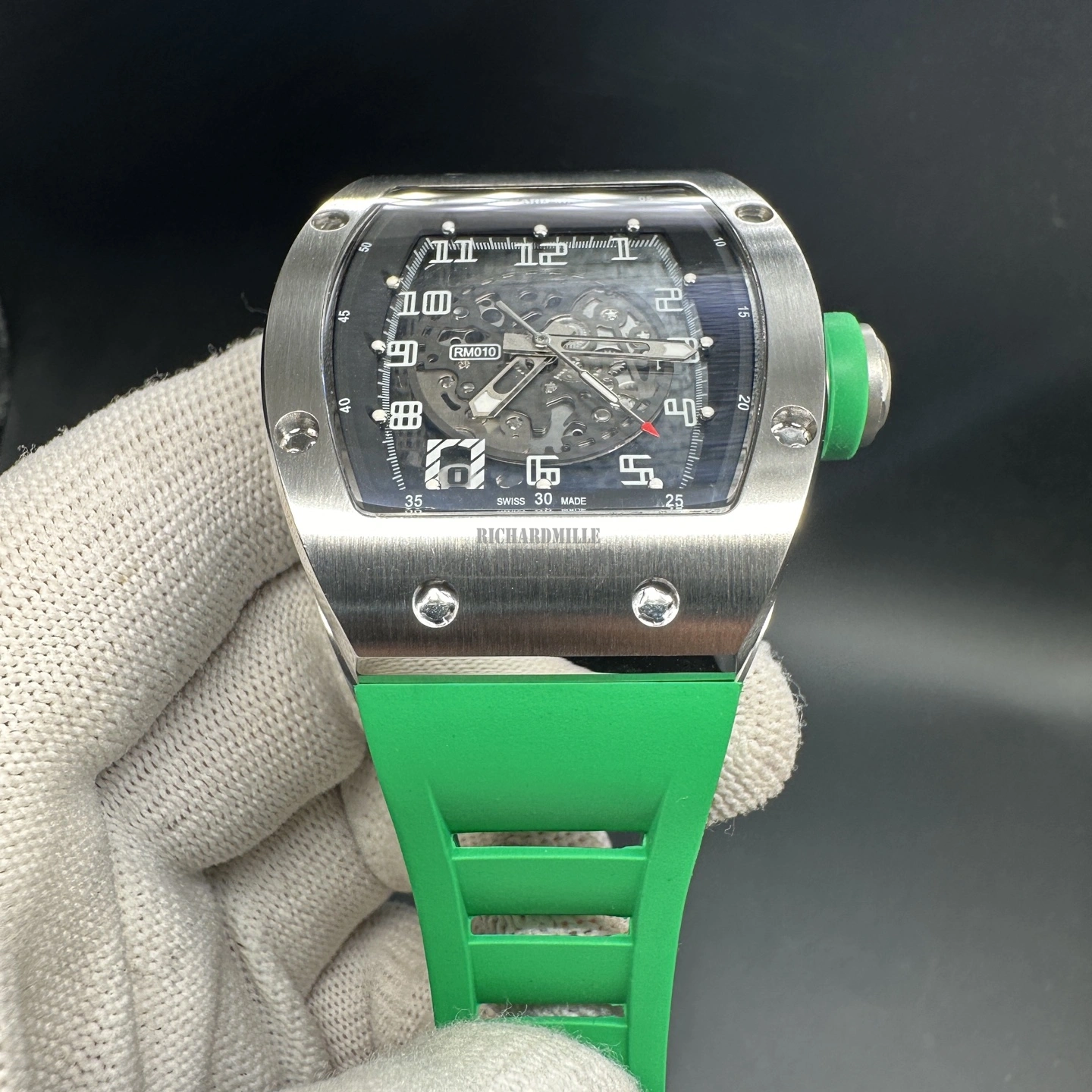 Replica Richard Mille RM 010 Skeleton Green Rubber Strap Titanium 40mm - Dial Detail 4