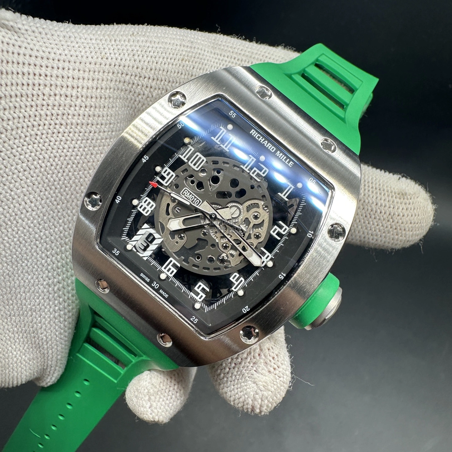 Replica Richard Mille RM 010 Skeleton Green Rubber Strap Titanium 40mm - Dial Detail 2