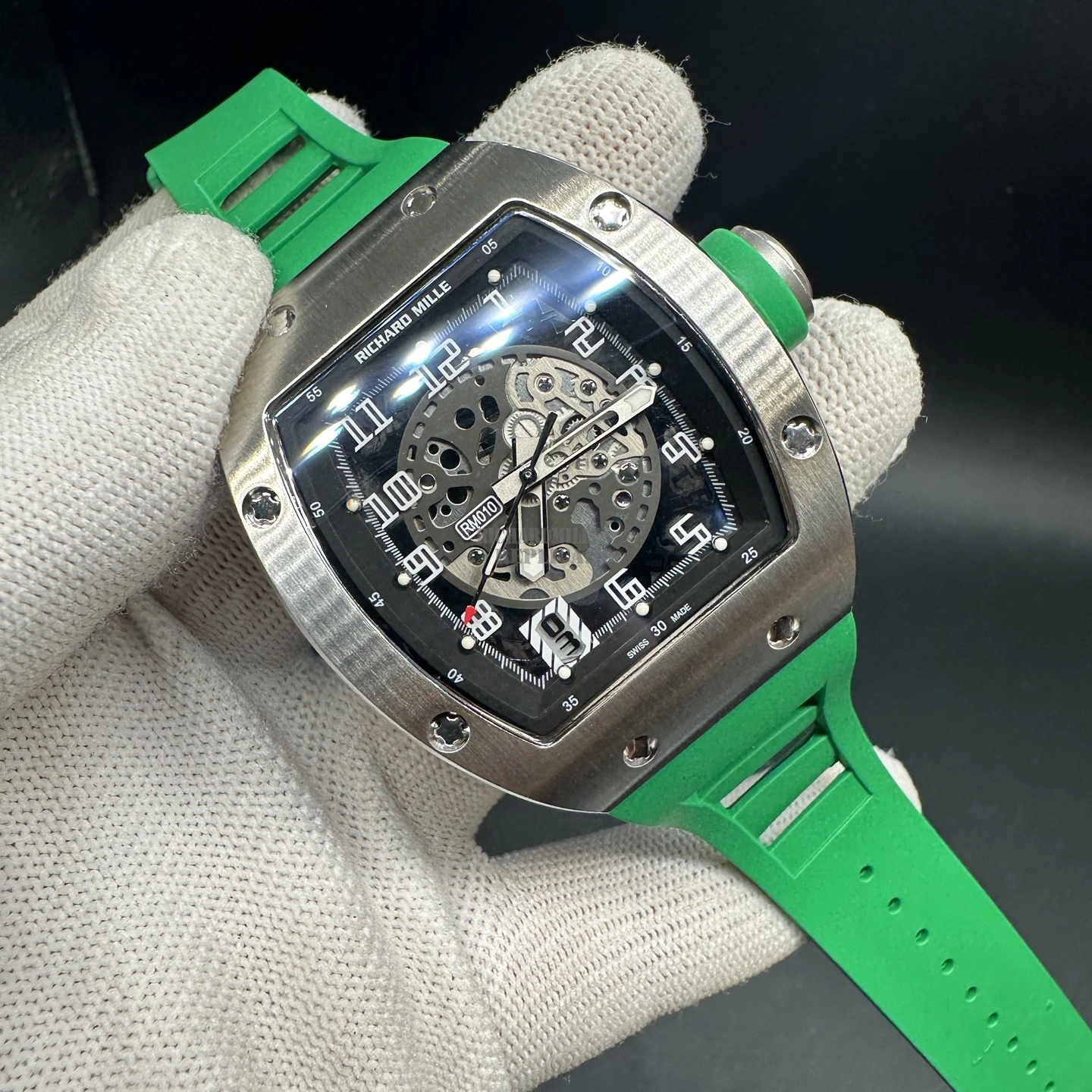 Replica Richard Mille RM 010 Skeleton Green Rubber Strap Titanium 40mm - Dial Detail 1