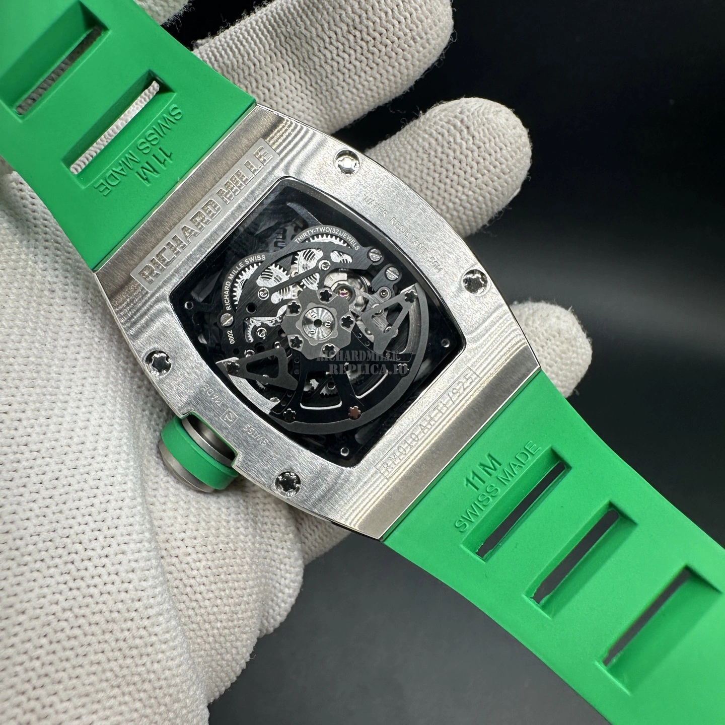 Replica Richard Mille RM 010 Skeleton Green Rubber Strap Titanium 40mm - Back