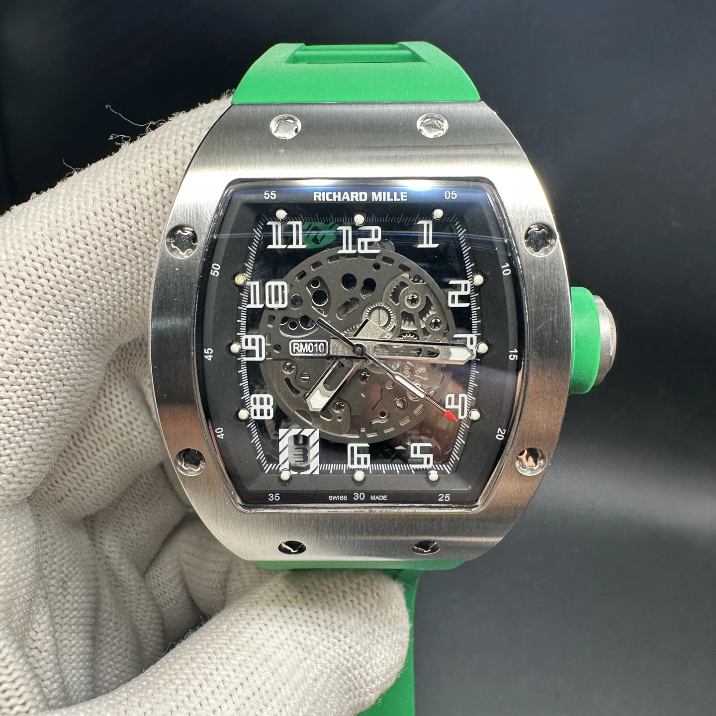 Replica Richard Mille RM 010 Skeleton Green Rubber Strap Titanium 40mm - Front View
