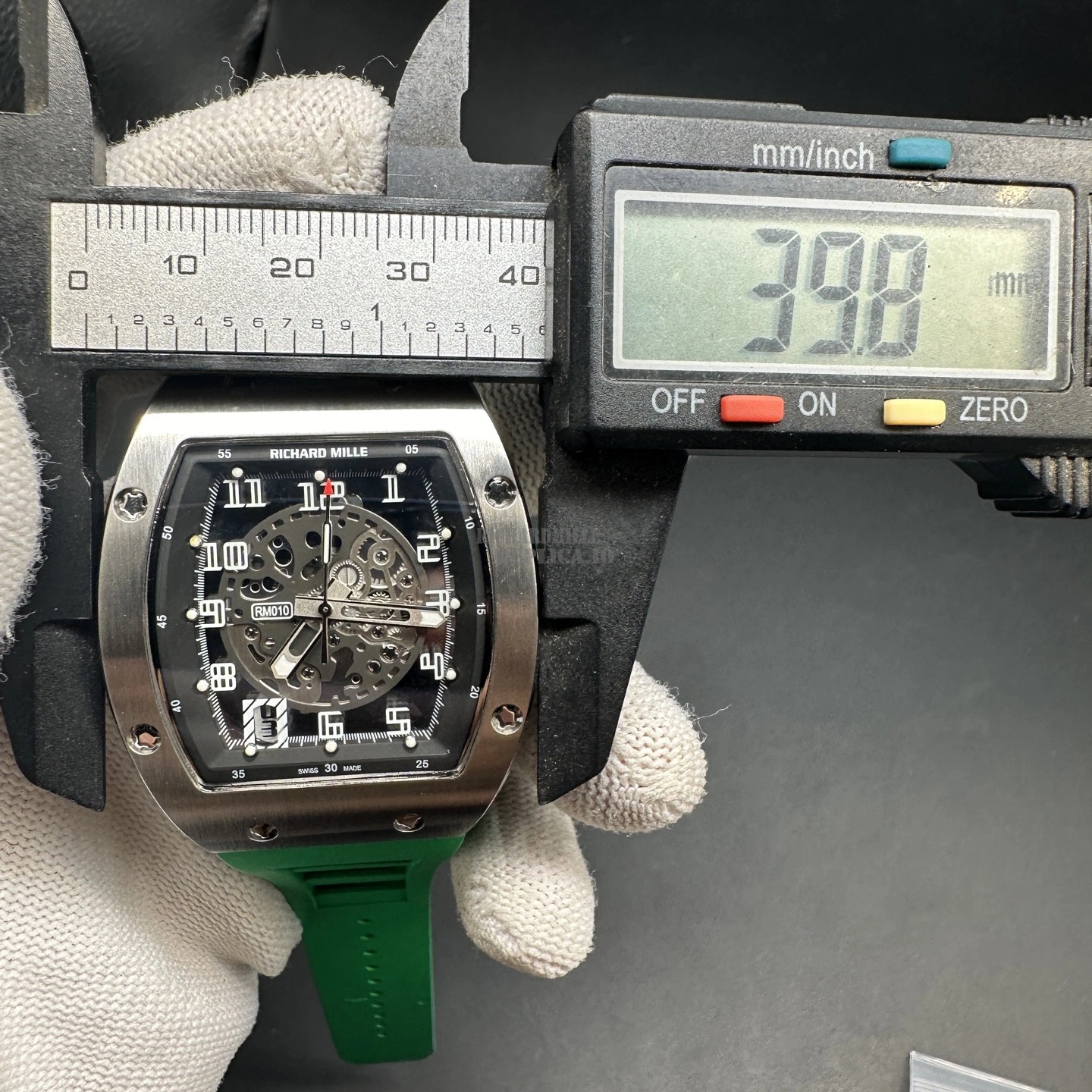 Replica Richard Mille RM 010 Skeleton Green Rubber Strap Titanium 40mm - Size