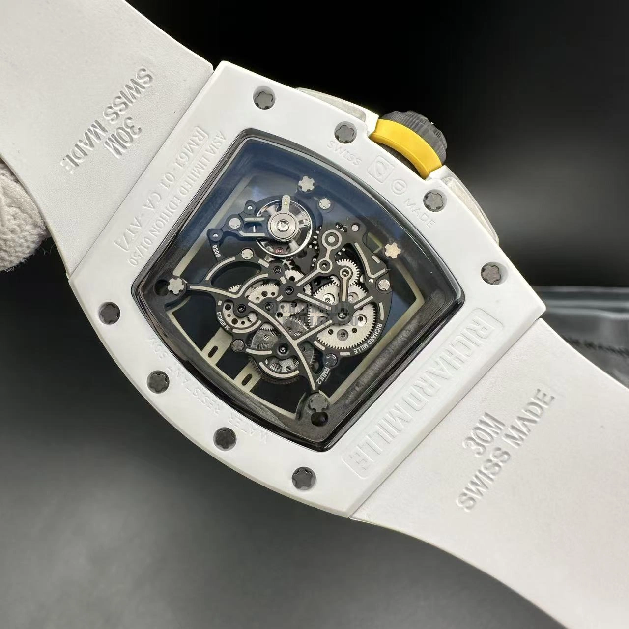 Replica Richard Mille RM 61-01 White Ceramic Skeleton Dial 50mm White Rubber Strap -Back View