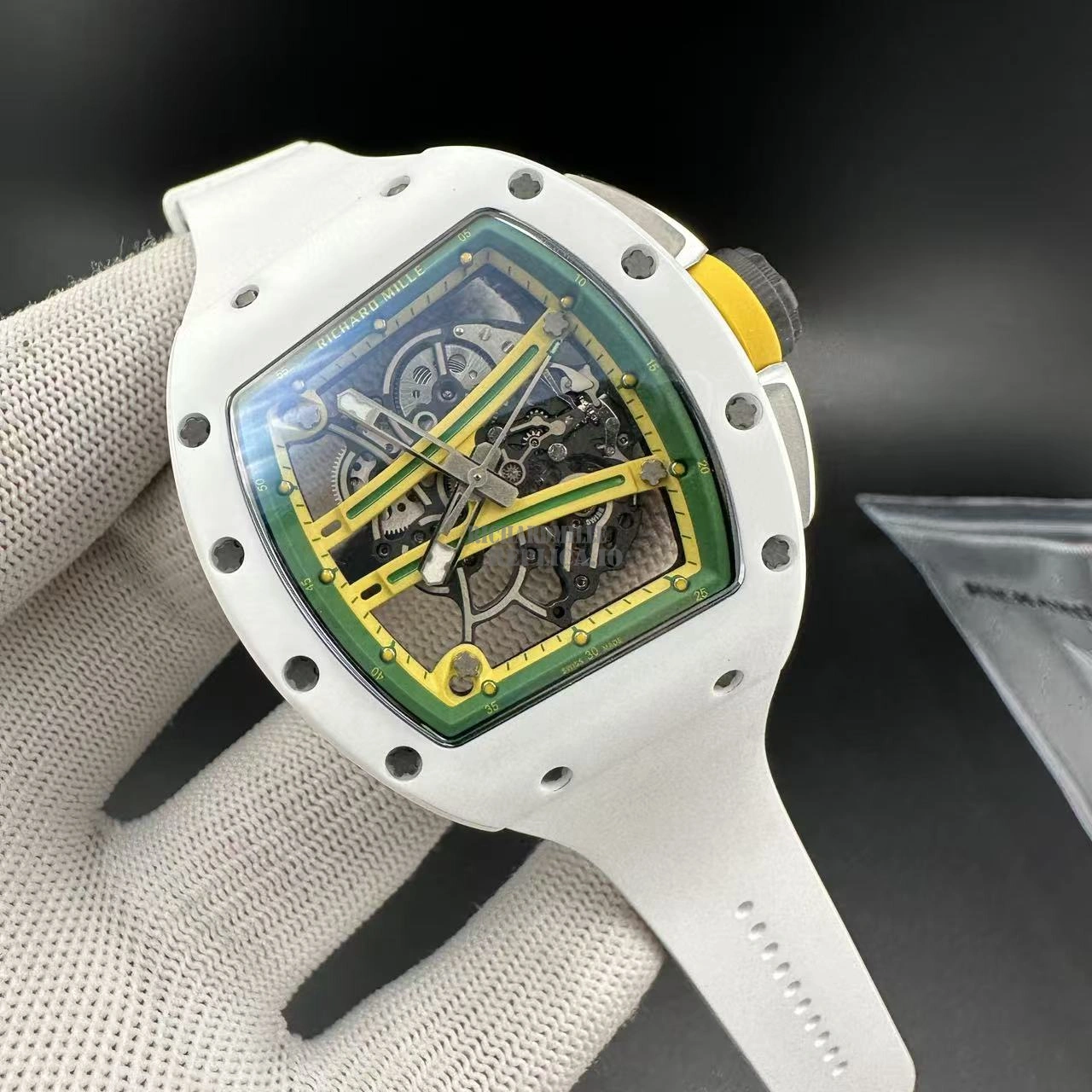 Replica Richard Mille RM 61-01 White Ceramic Skeleton Dial 50mm White Rubber Strap -Dial Detail 1