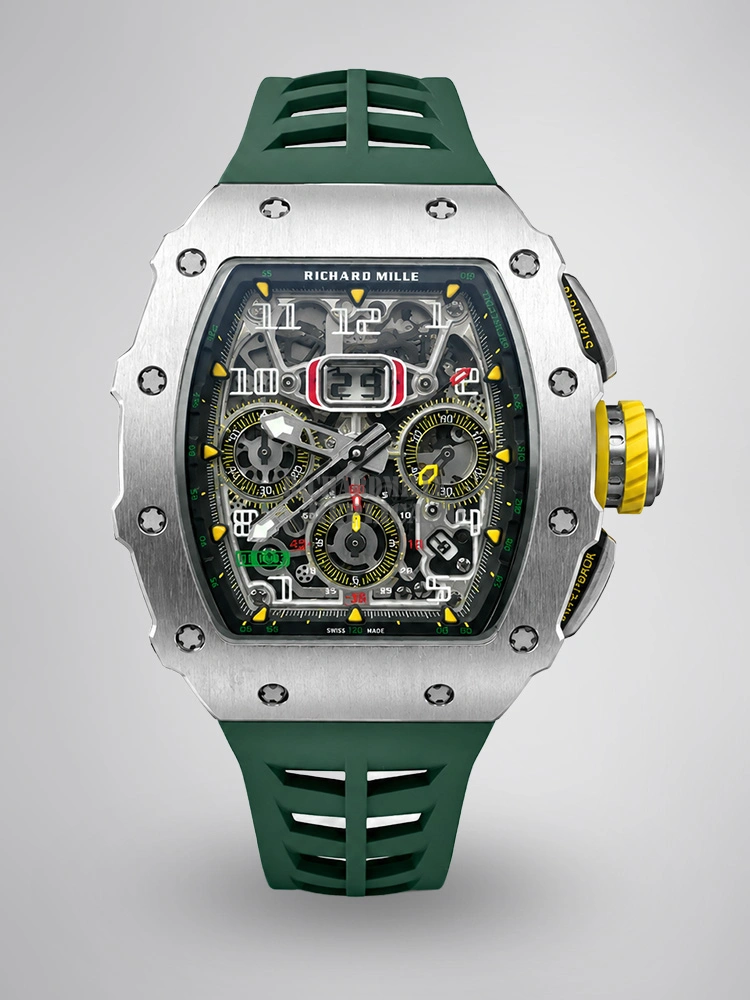 AAA Replica Richard Mille RM11-03 KU Steel Flyback Chronograph Skeleton Green Rubber Strap - Main Image