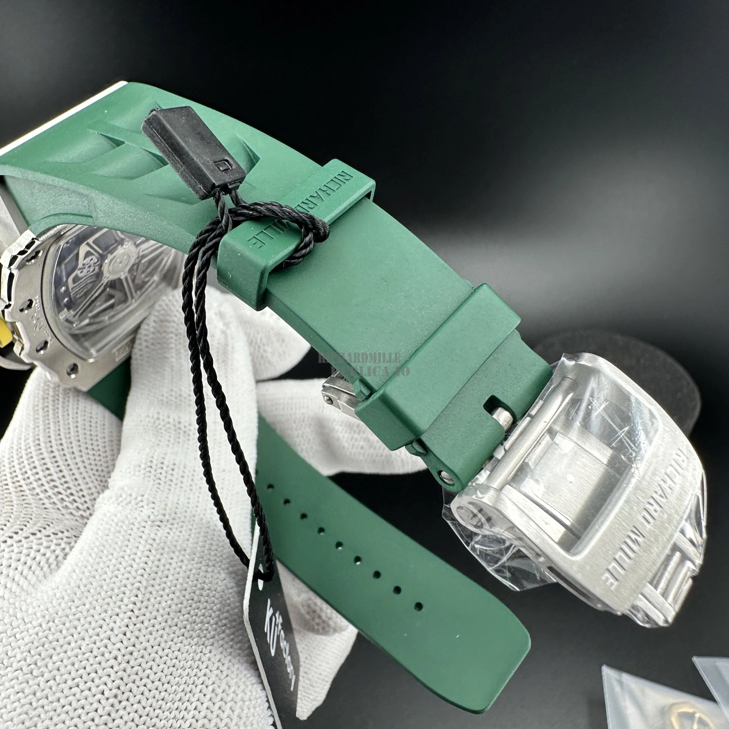 AAA Replica Richard Mille RM11-03 KU Steel Flyback Chronograph Skeleton Green Rubber Strap - Clasp Detail 1