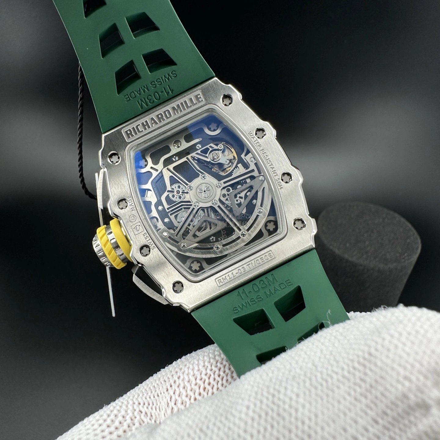 AAA Replica Richard Mille RM11-03 KU Steel Flyback Chronograph Skeleton Green Rubber Strap - Back View