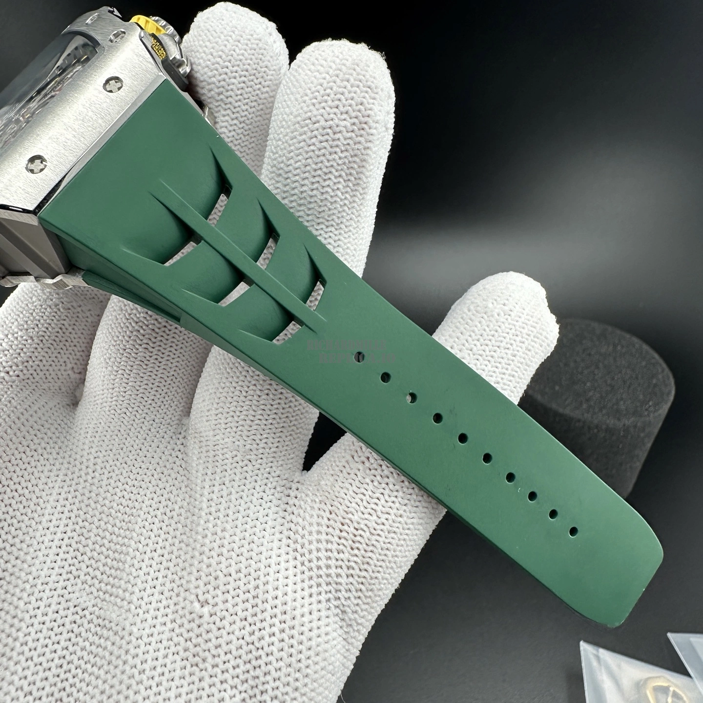 AAA Replica Richard Mille RM11-03 KU Steel Flyback Chronograph Skeleton Green Rubber Strap - Strap