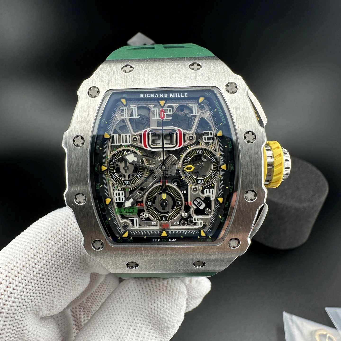 AAA Replica Richard Mille RM11-03 KU Steel Flyback Chronograph Skeleton Green Rubber Strap - Front View