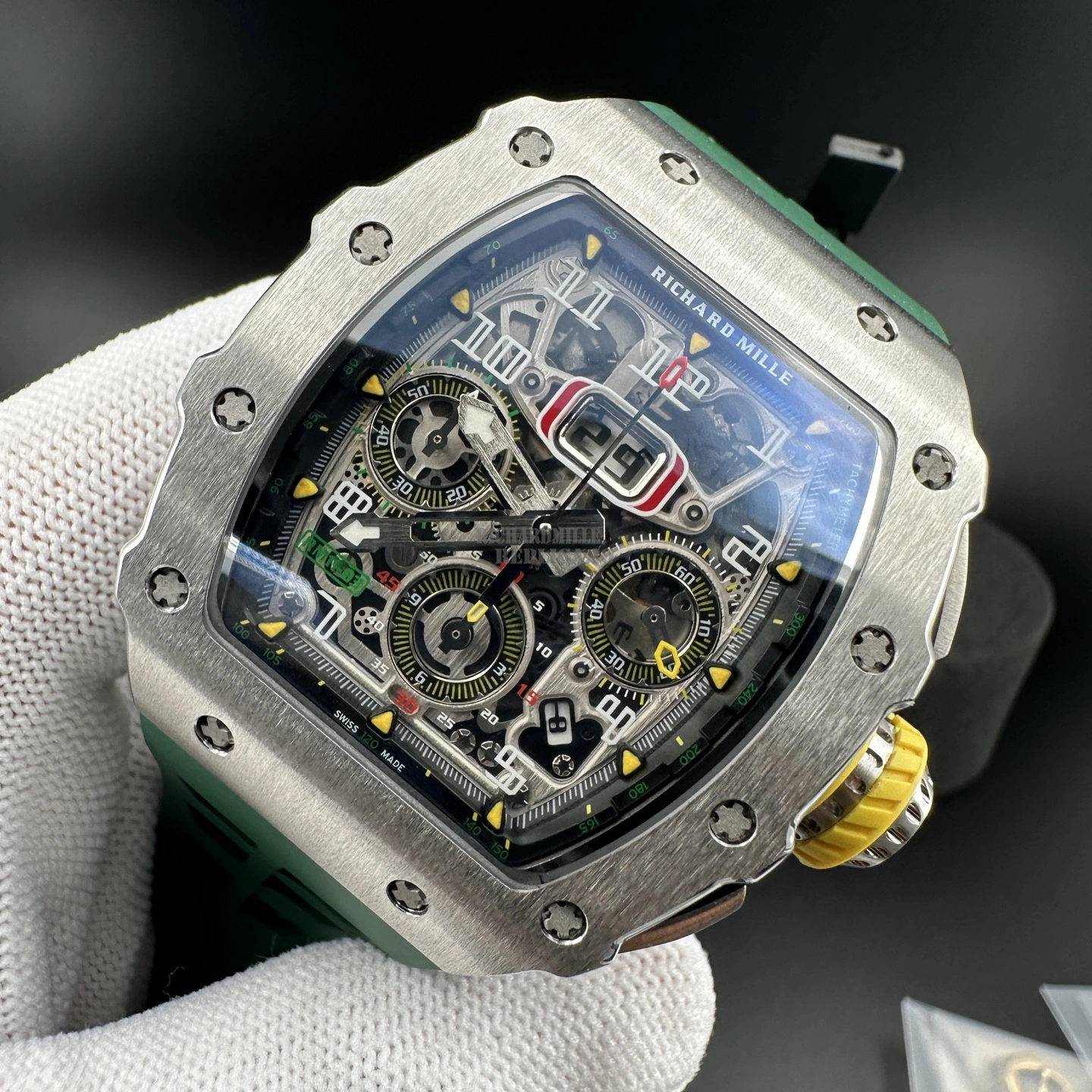 AAA Replica Richard Mille RM11-03 KU Steel Flyback Chronograph Skeleton Green Rubber Strap - Dial Detail 1